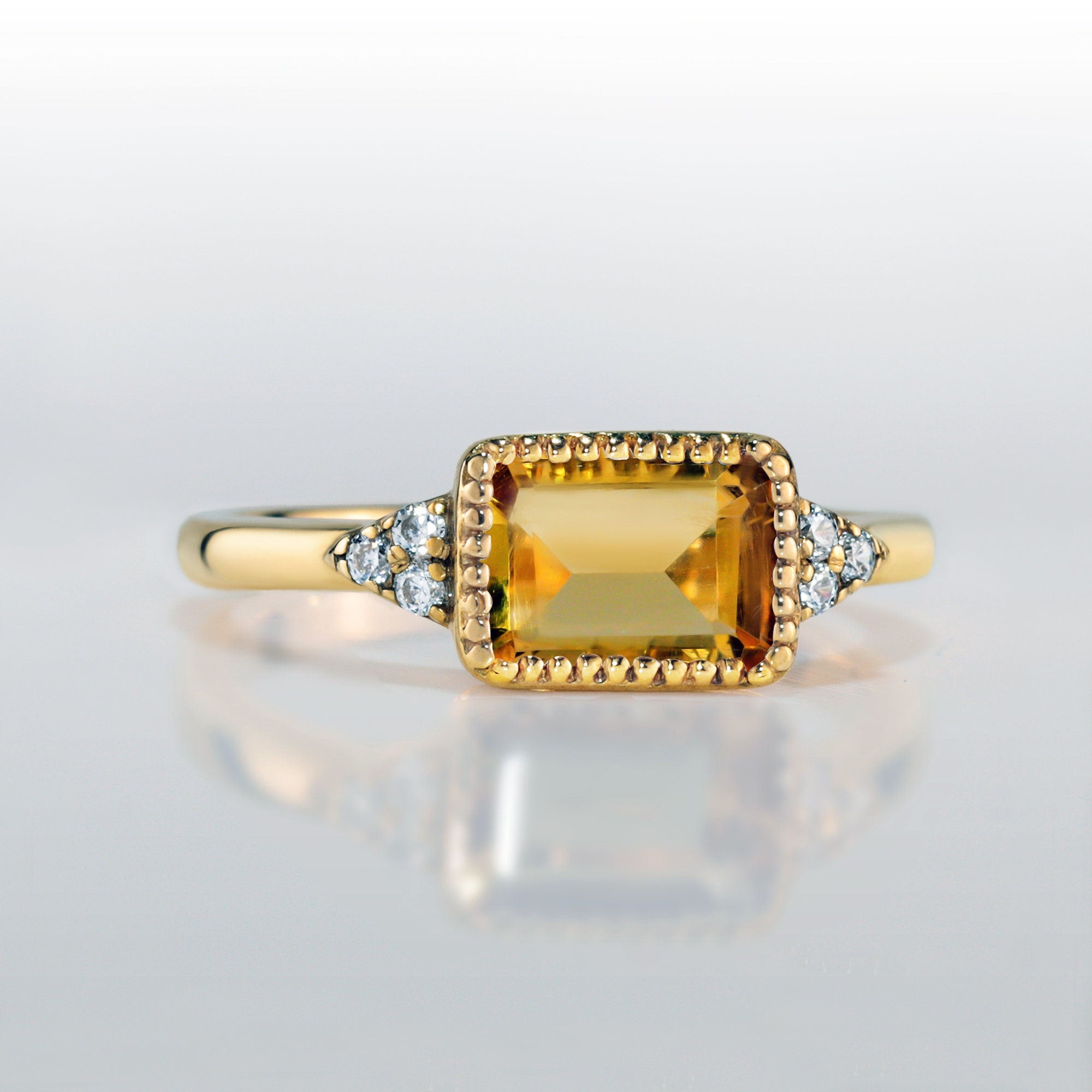 Citrine Ring - November Birthstone - East-West Emerald-Cut Citrine Ring with Quartz Accents - H.L.Jewelry