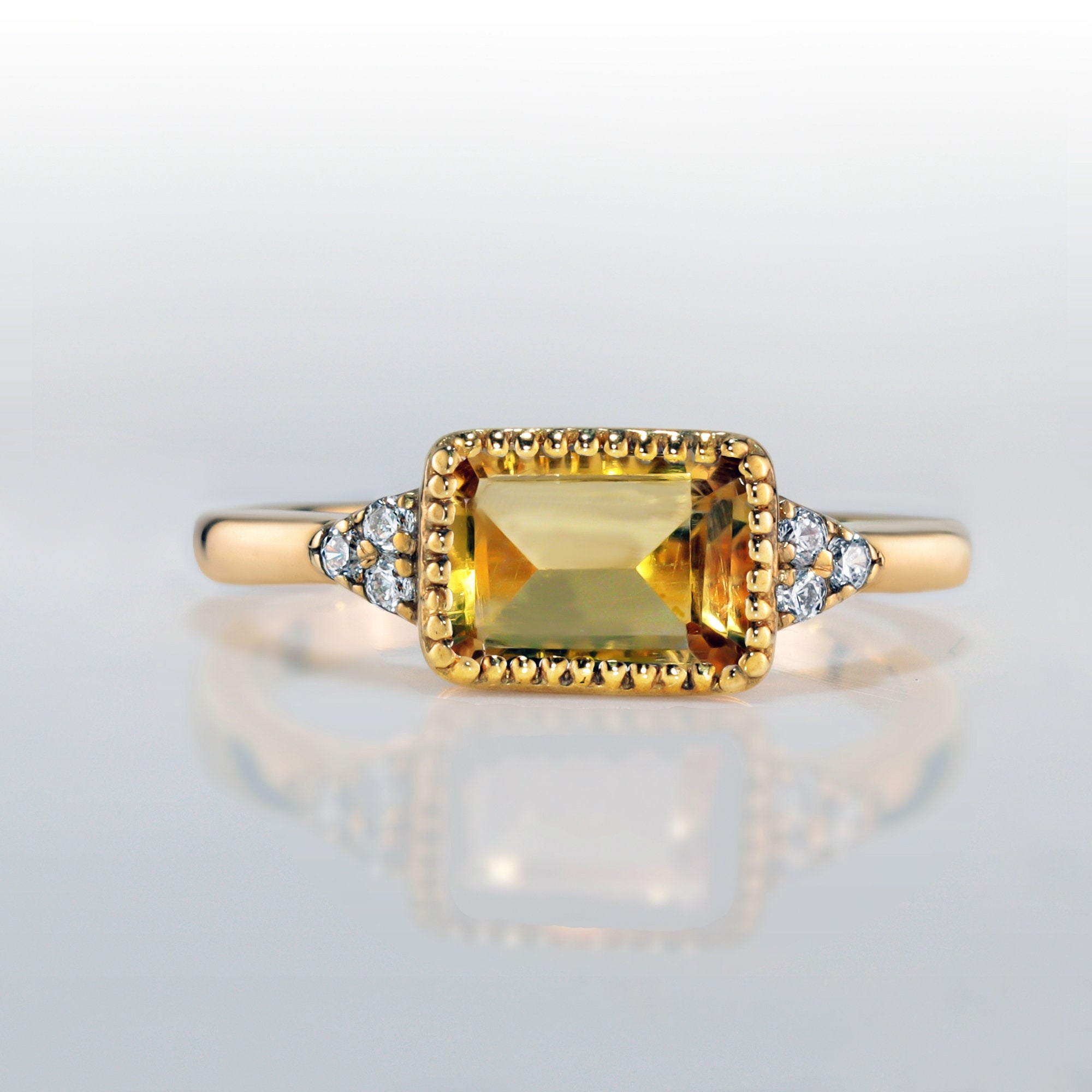 Citrine Ring - November Birthstone - East-West Emerald-Cut Citrine Ring with Quartz Accents - H.L.Jewelry