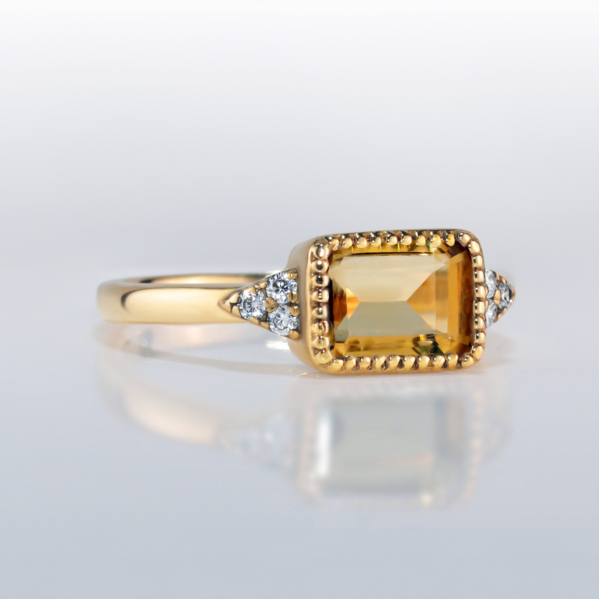 Citrine Ring - November Birthstone - East-West Emerald-Cut Citrine Ring with Quartz Accents - H.L.Jewelry