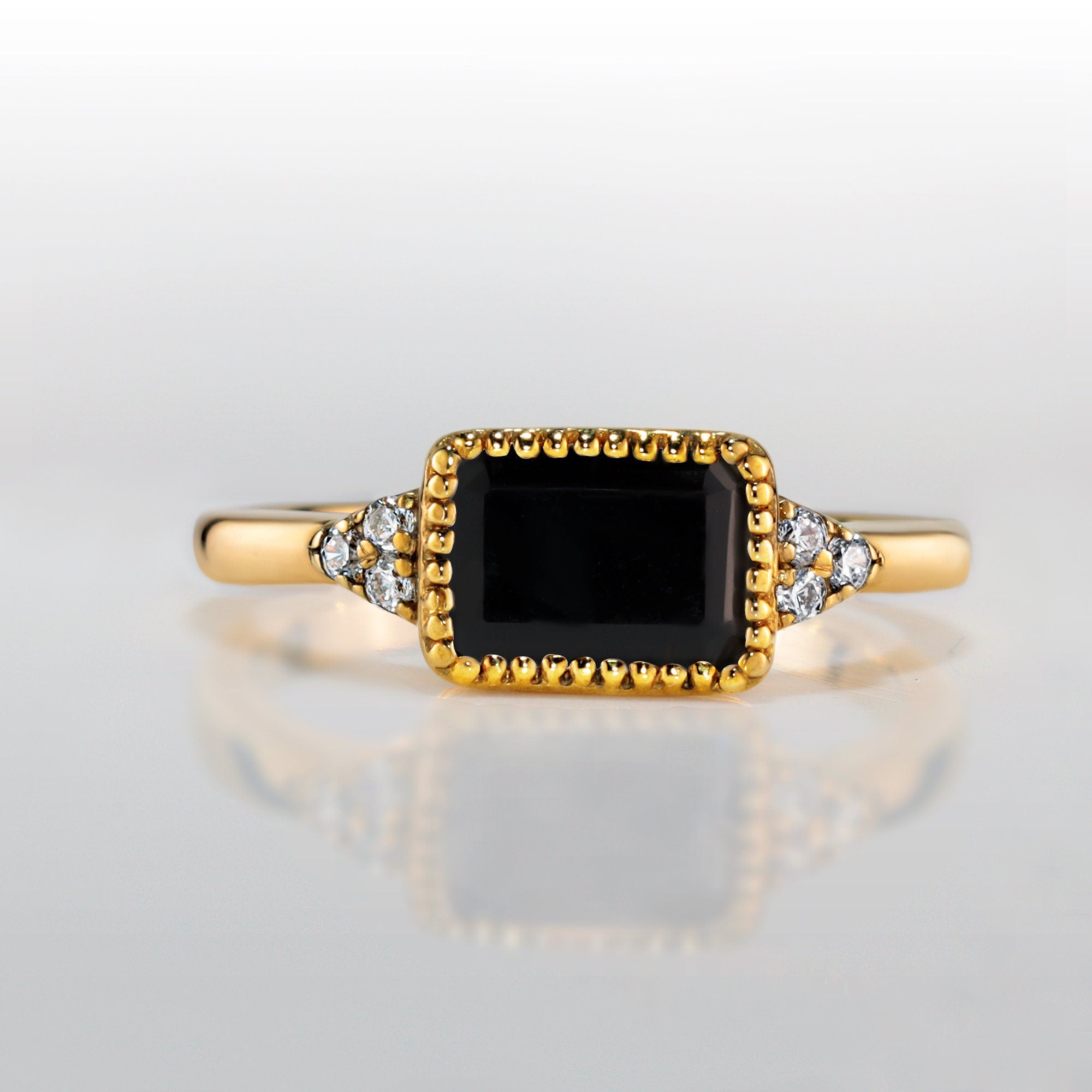 Black Onyx Ring - December Birthstone - East-West Octagon Black Onyx Ring with Quartz Accents - H.L.Jewelry