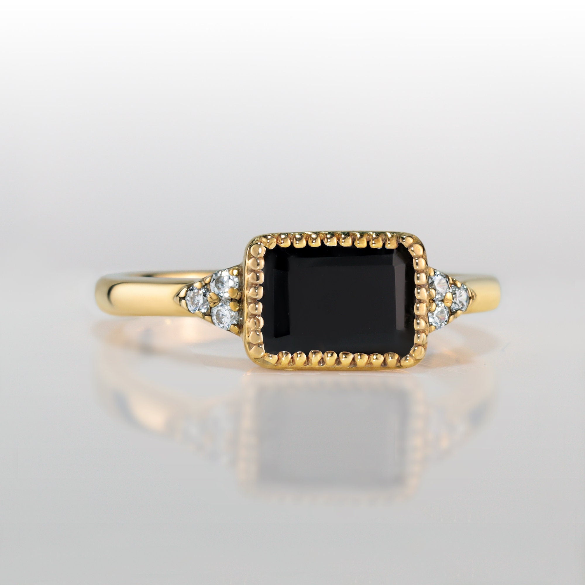 Black Onyx Ring - December Birthstone - East-West Octagon Black Onyx Ring with Quartz Accents - H.L.Jewelry