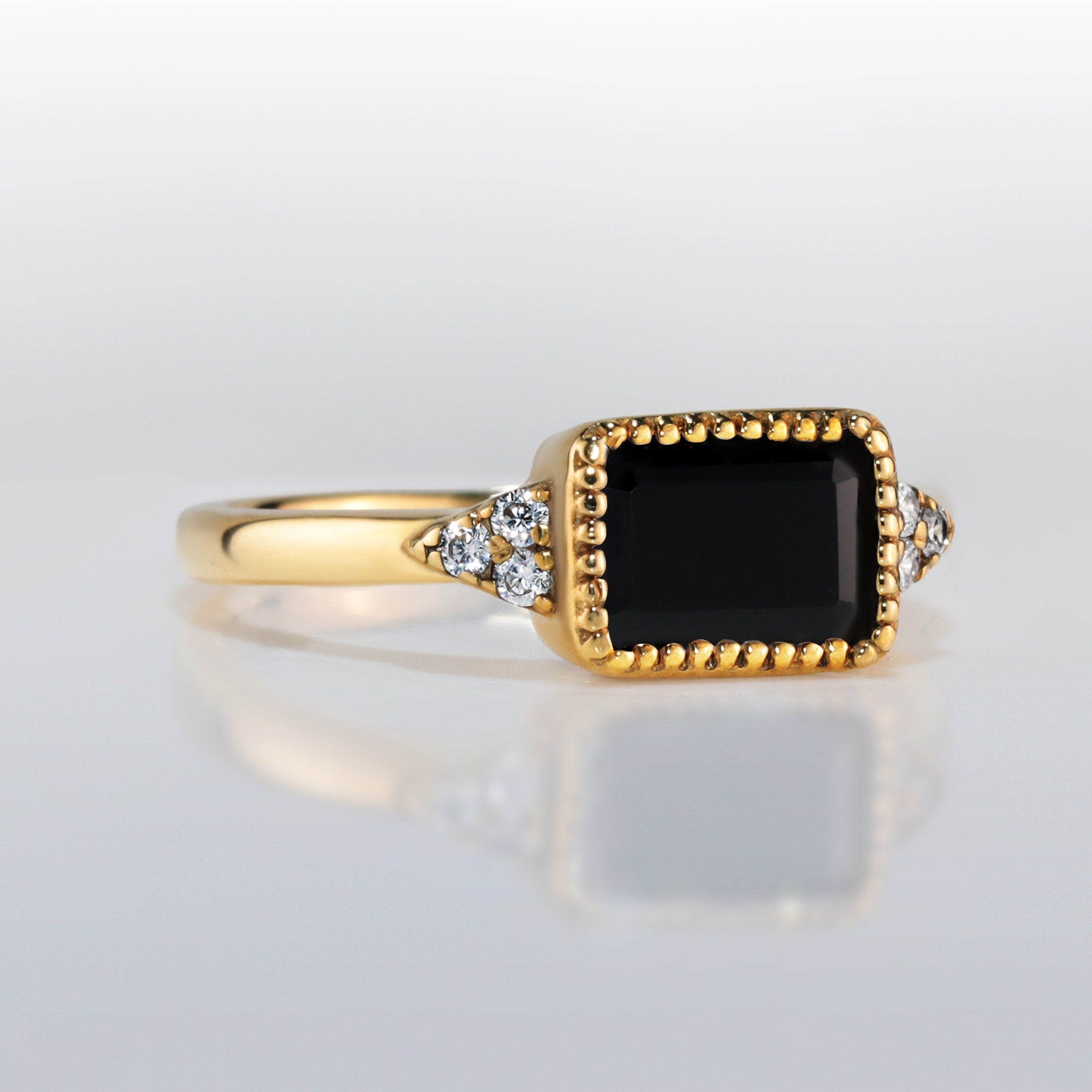 Black Onyx Ring - December Birthstone - East-West Octagon Black Onyx Ring with Quartz Accents - H.L.Jewelry