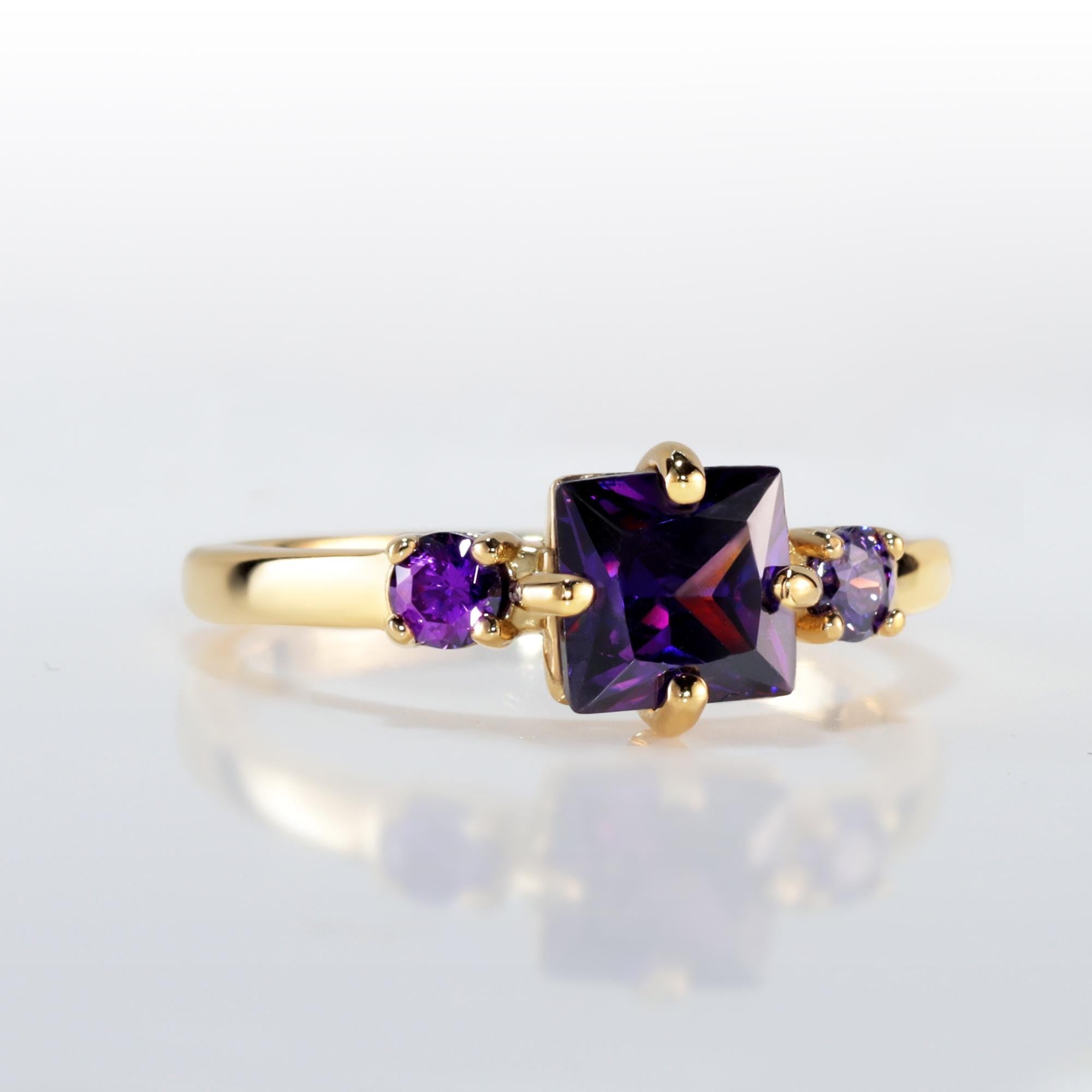 Amethyst Ring - February Birthstone - Square and Round Stones Triple Amethyst Ring - H.L.Jewelry