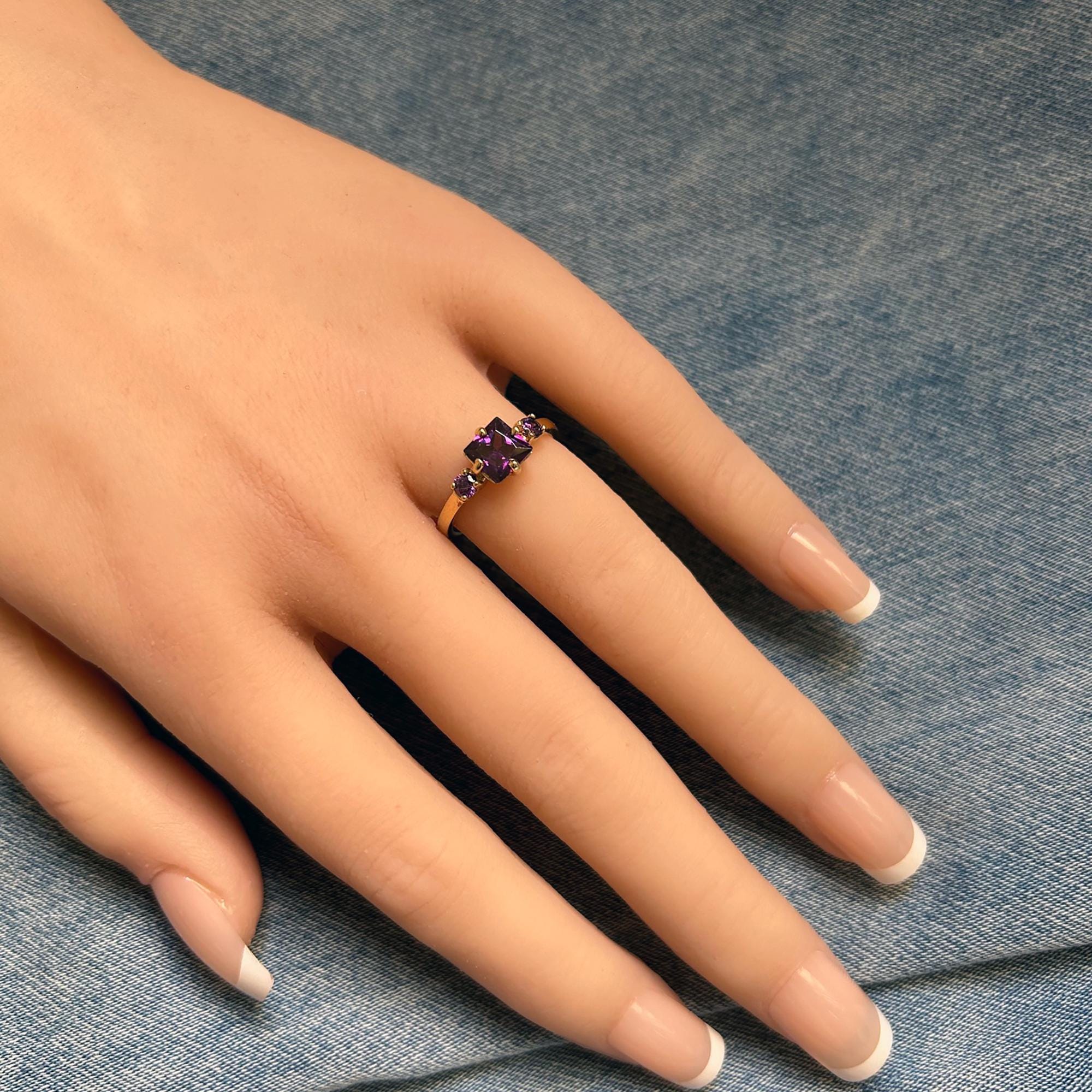 Amethyst Ring - February Birthstone - Square and Round Stones Triple Amethyst Ring - H.L.Jewelry