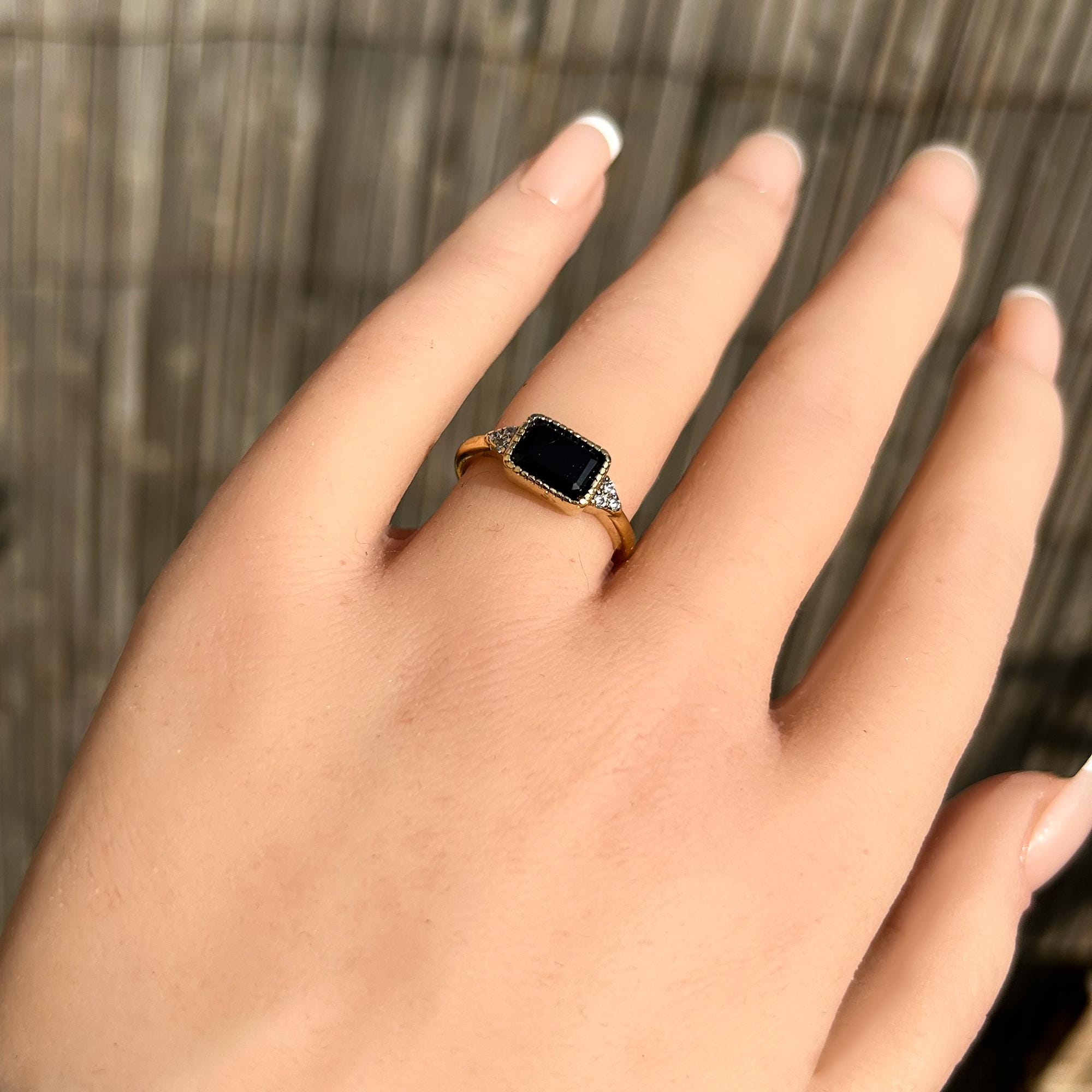 Black Onyx Ring - December Birthstone - East-West Octagon Black Onyx Ring with Quartz Accents - H.L.Jewelry