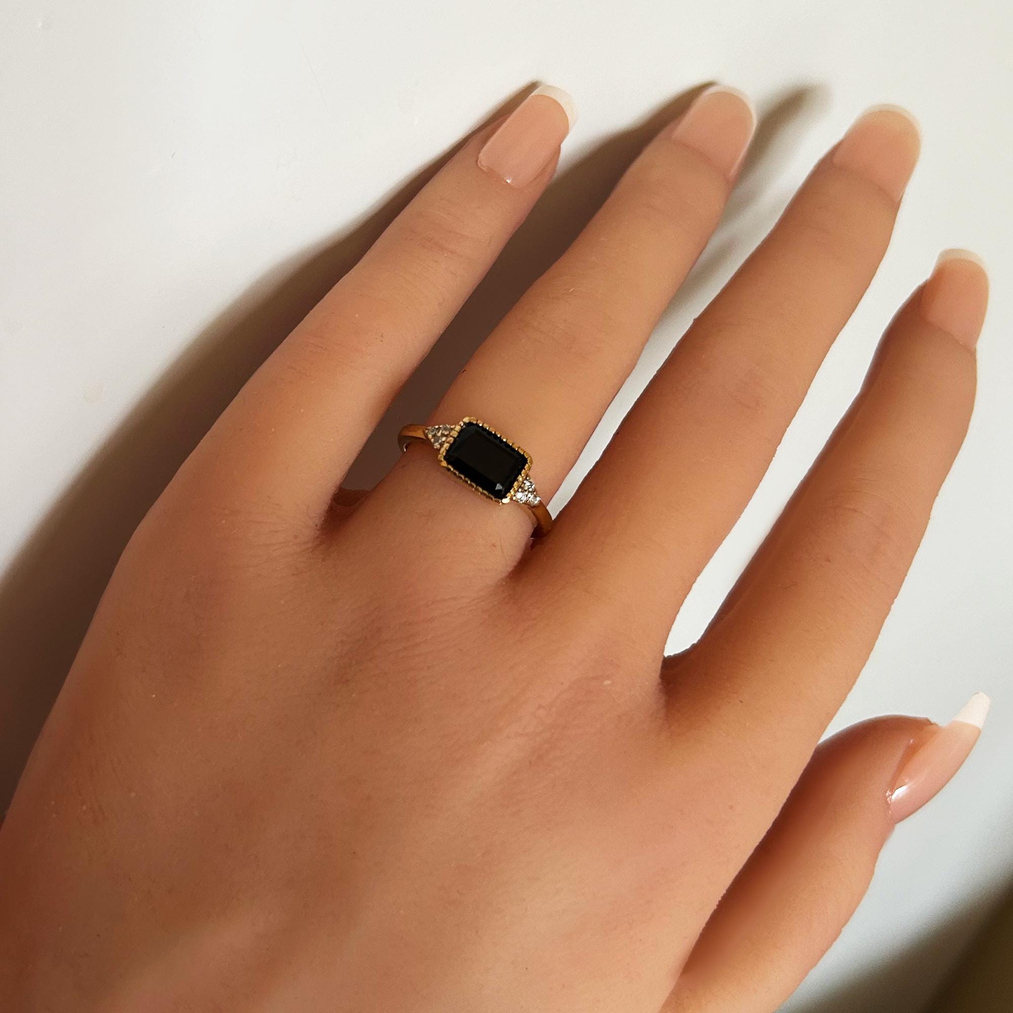 Black Onyx Ring - December Birthstone - East-West Octagon Black Onyx Ring with Quartz Accents - H.L.Jewelry