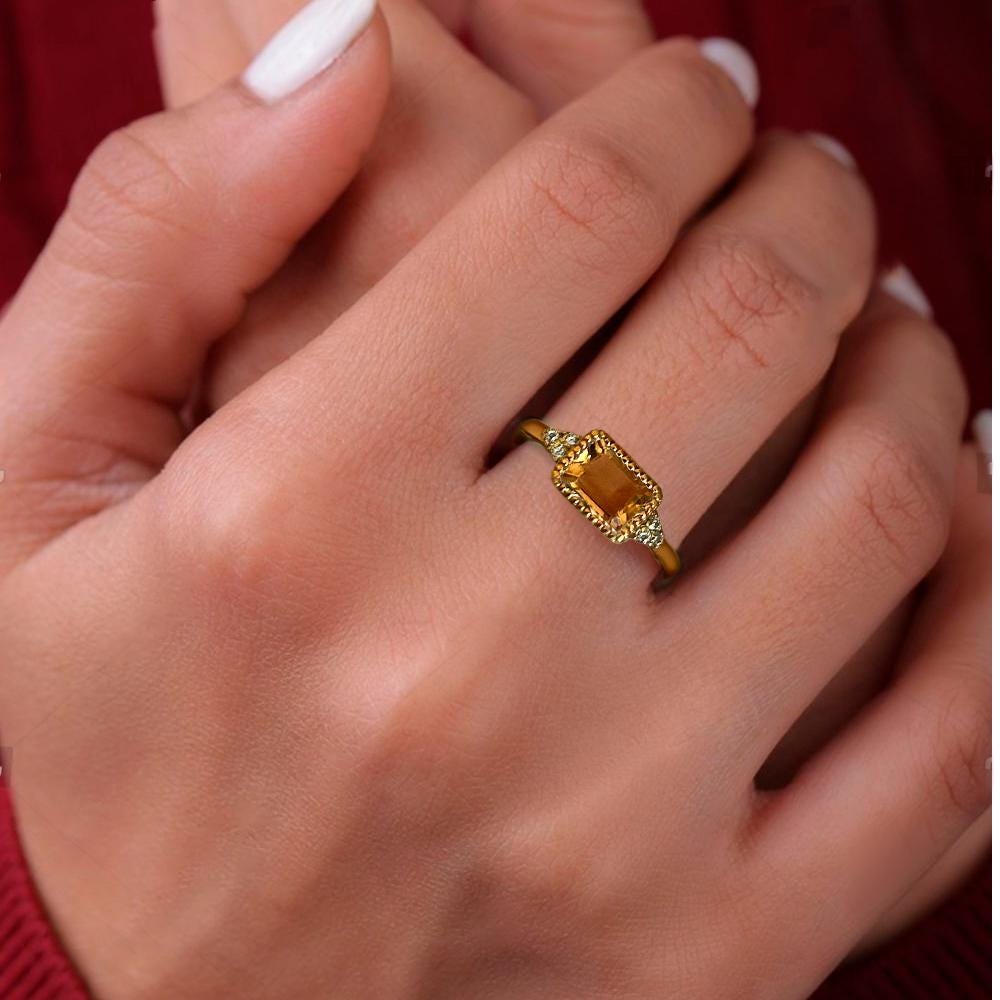 Citrine Ring - November Birthstone - East-West Emerald-Cut Citrine Ring with Quartz Accents - H.L.Jewelry