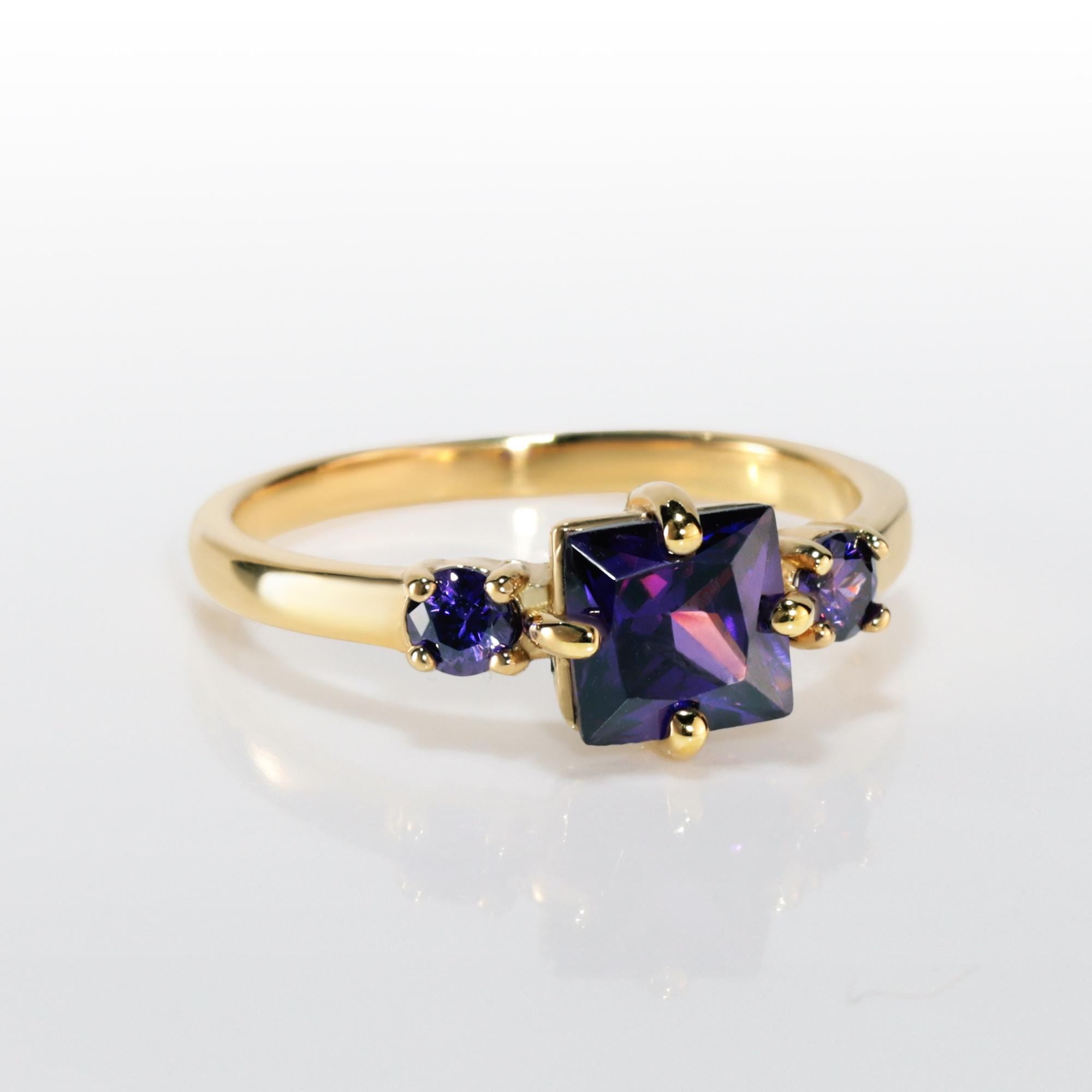 Amethyst Ring - February Birthstone - Square and Round Stones Triple Amethyst Ring - H.L.Jewelry