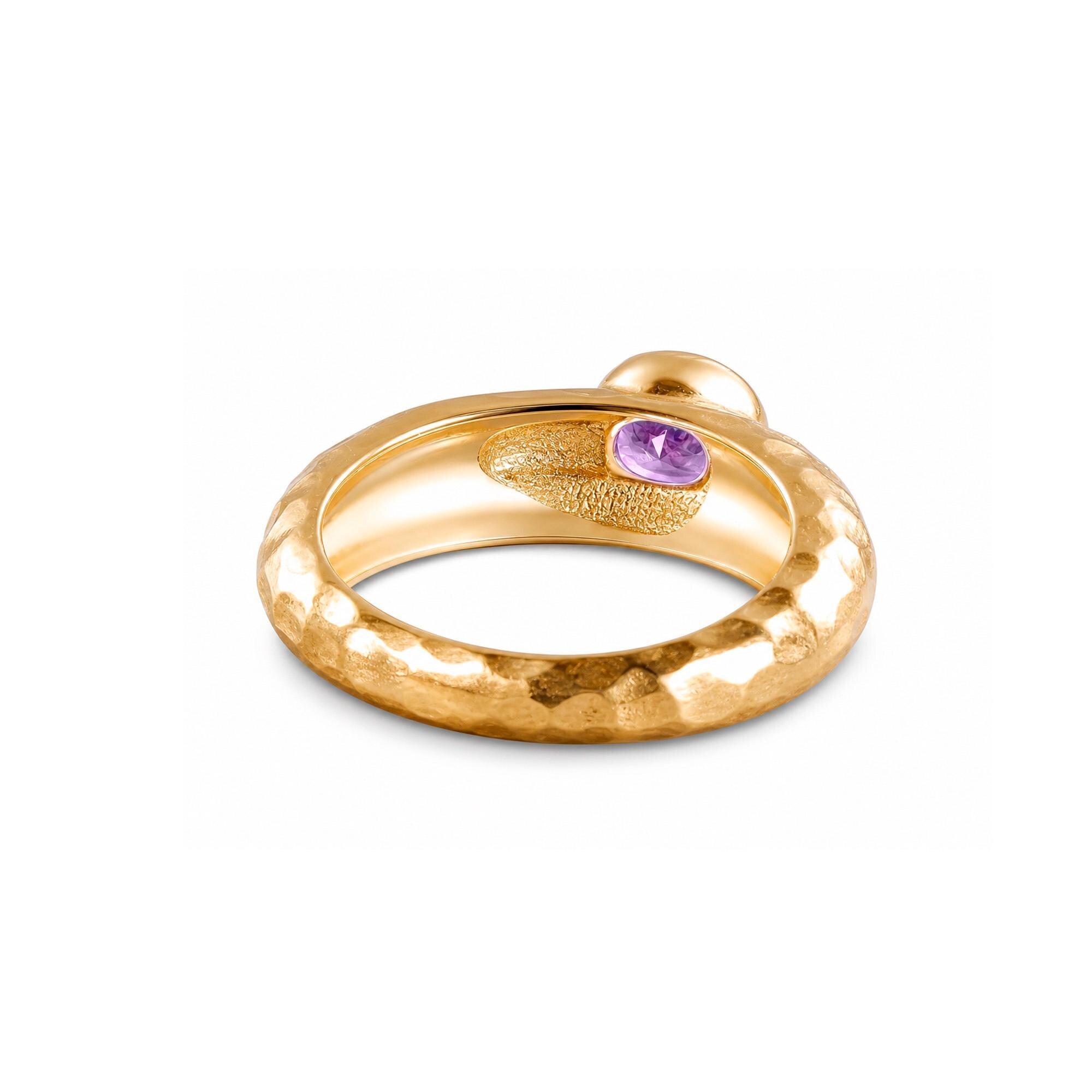 Purple Amethyst Ring – February Birthstone - Round Amethyst Gemstone Bezel Set Statement Hammered Bold Gold Band