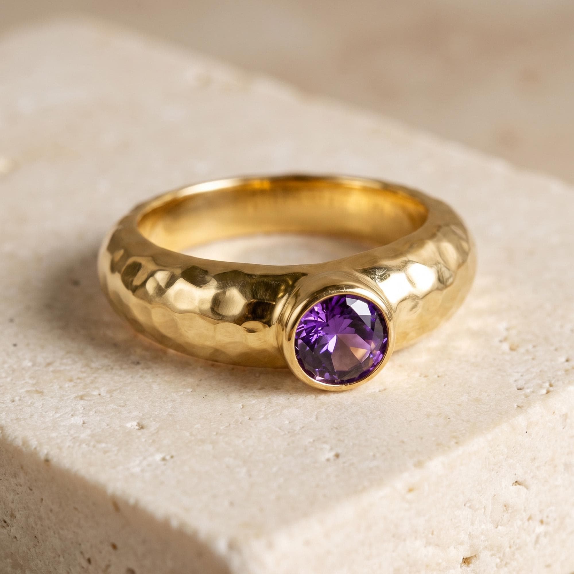 Purple Amethyst Ring – February Birthstone - Round Amethyst Gemstone Bezel Set Statement Hammered Bold Gold Band