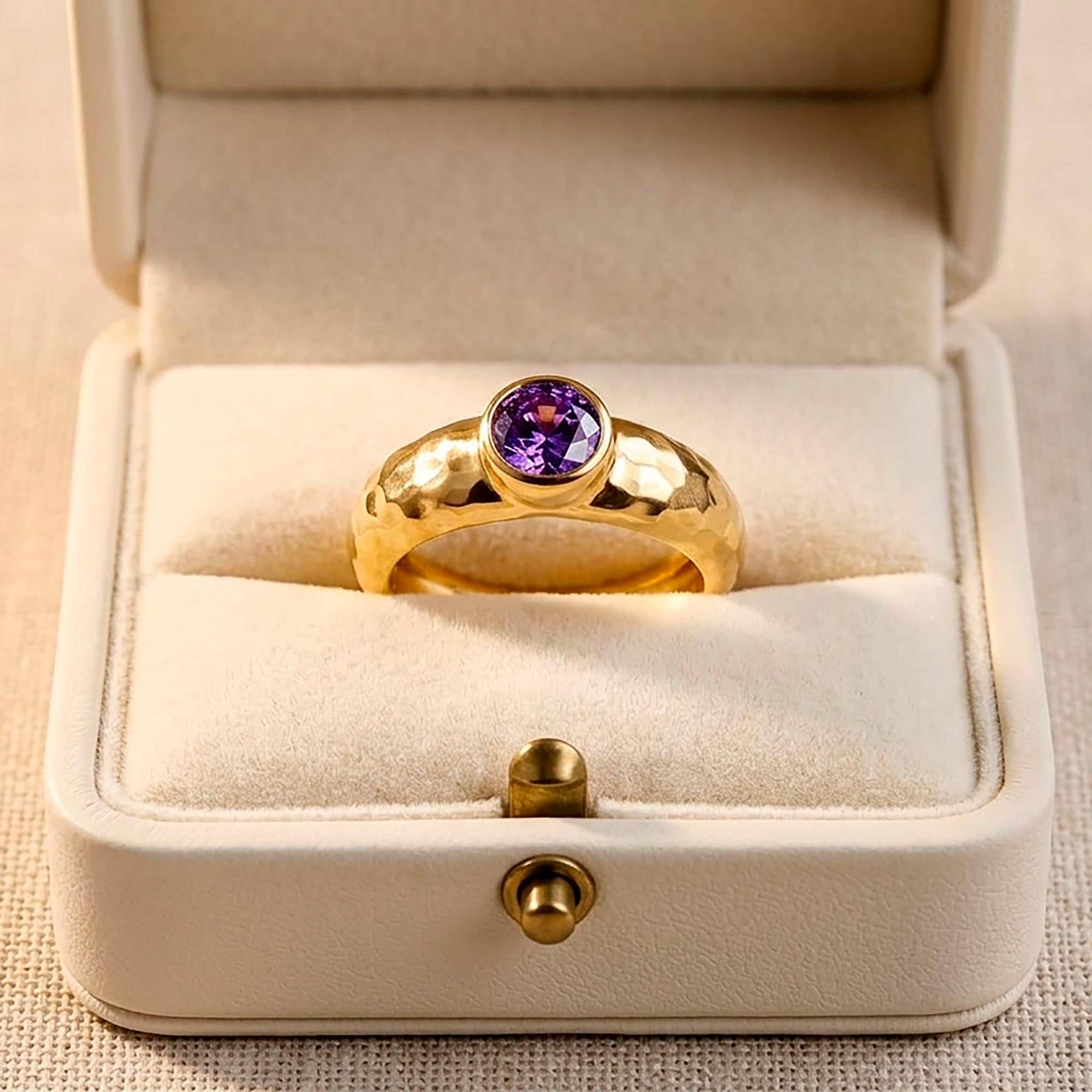 Purple Amethyst Ring – February Birthstone - Round Amethyst Gemstone Bezel Set Statement Hammered Bold Gold Band