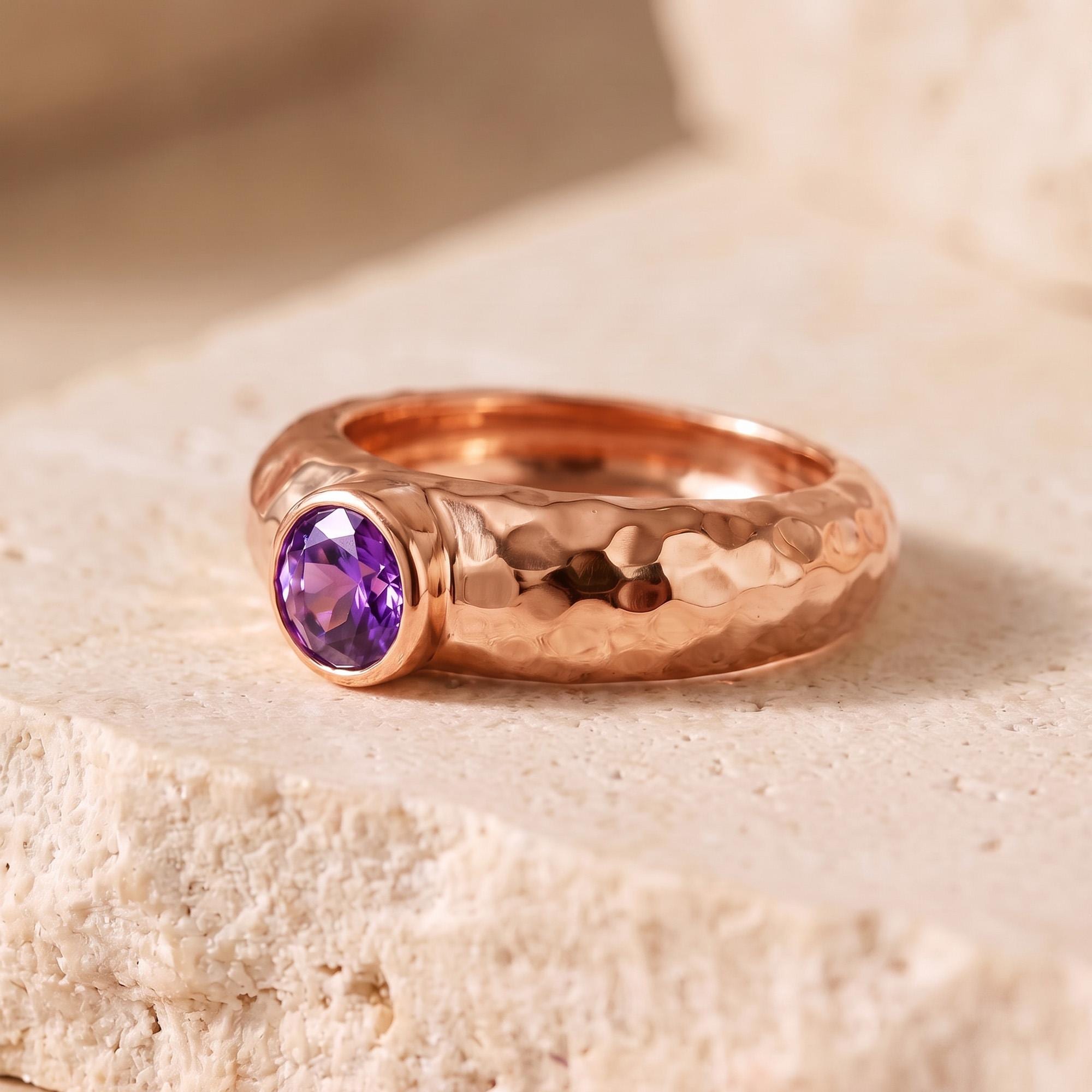 Purple Amethyst Ring – February Birthstone - Round Amethyst Gemstone Bezel Set Statement Hammered Bold Gold Band