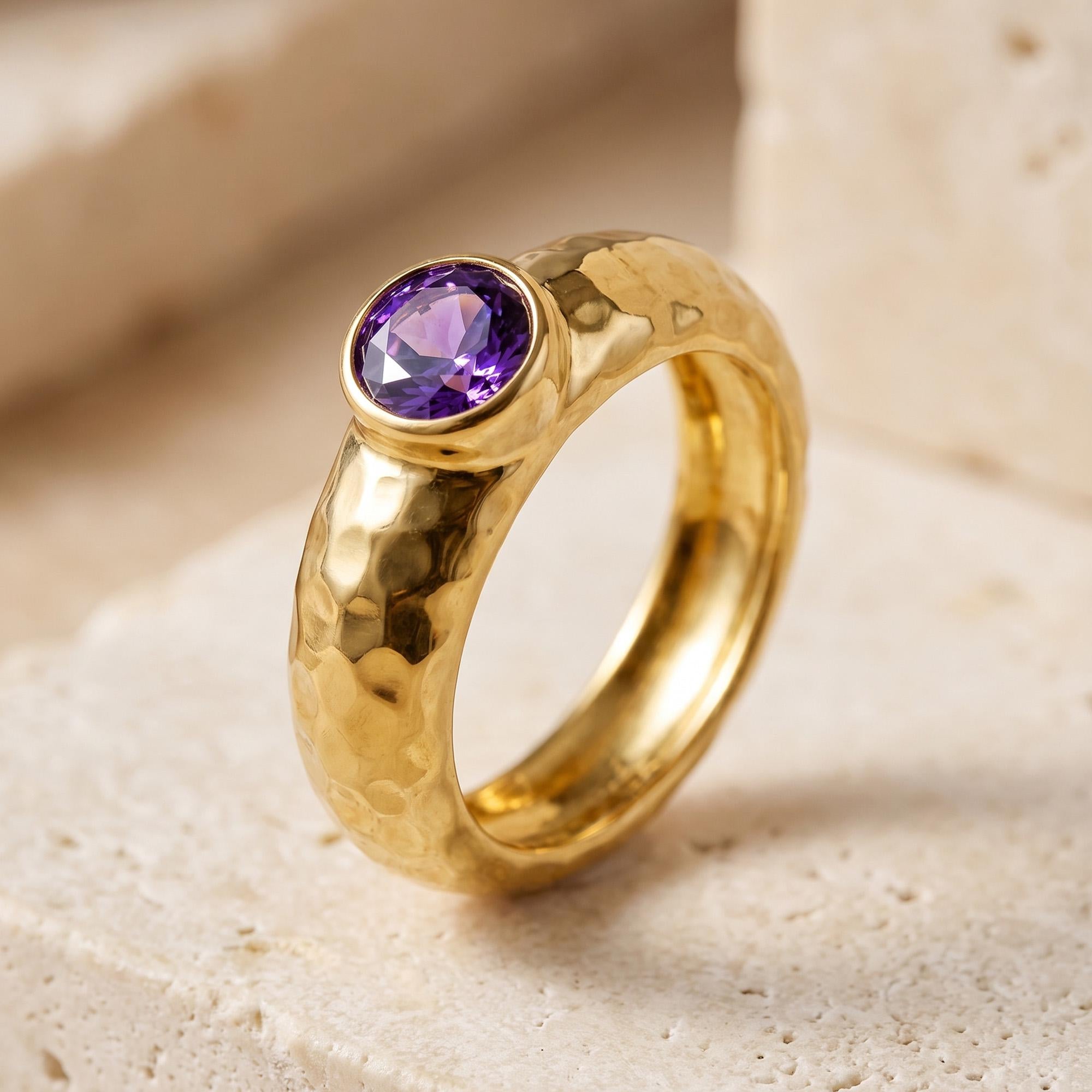 Purple Amethyst Ring – February Birthstone - Round Amethyst Gemstone Bezel Set Statement Hammered Bold Gold Band