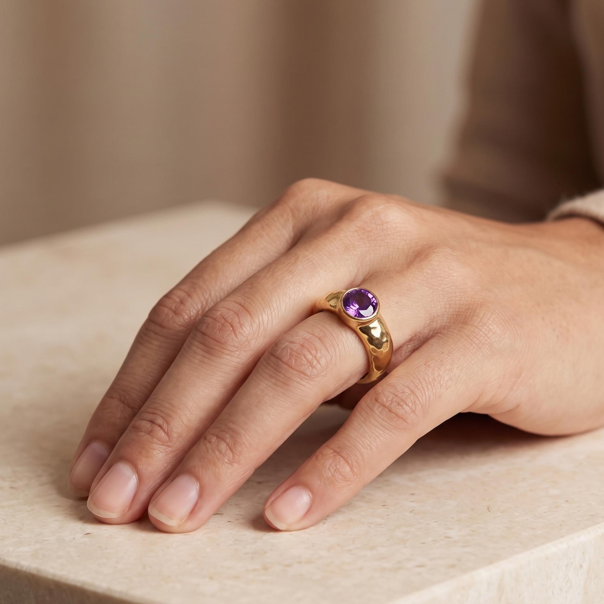 Purple Amethyst Ring – February Birthstone - Round Amethyst Gemstone Bezel Set Statement Hammered Bold Gold Band