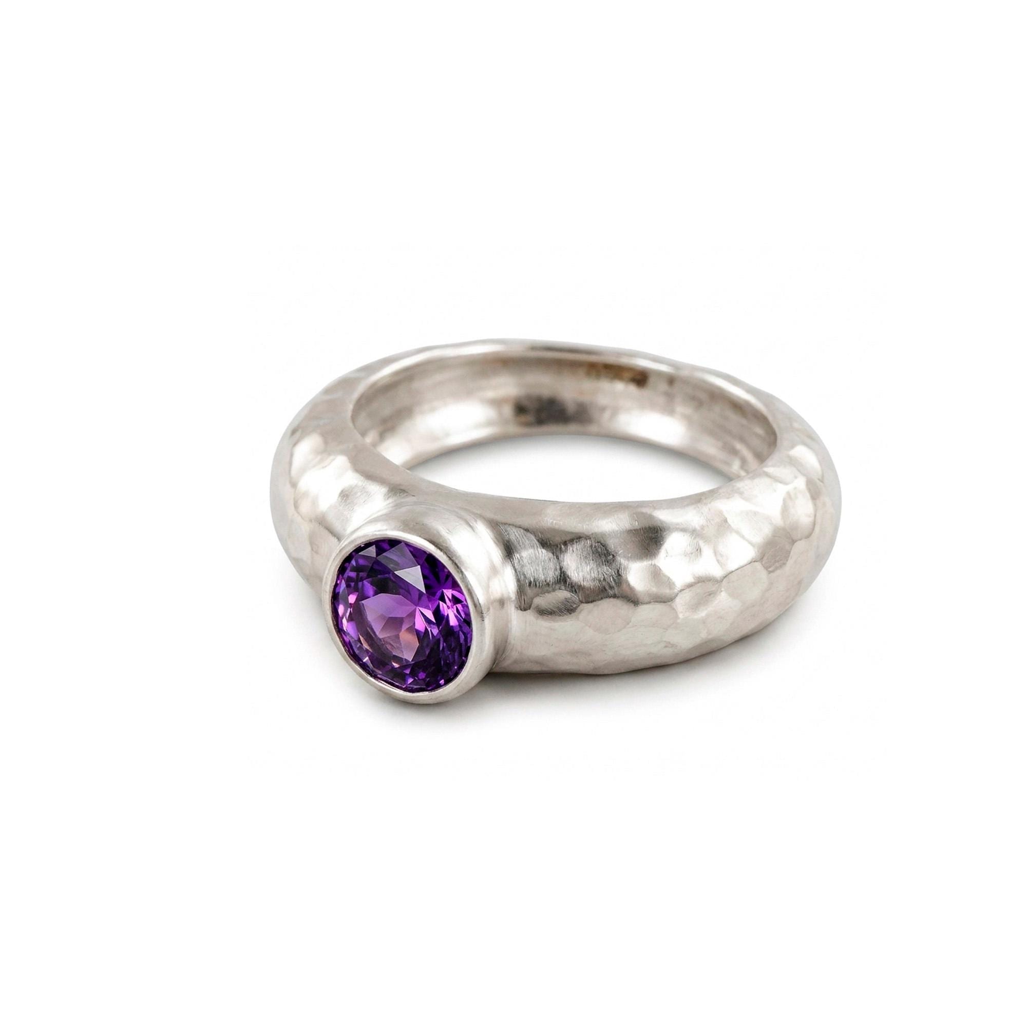 Purple Amethyst Ring – February Birthstone - Round Amethyst Gemstone Bezel Set Statement Hammered Bold Gold Band