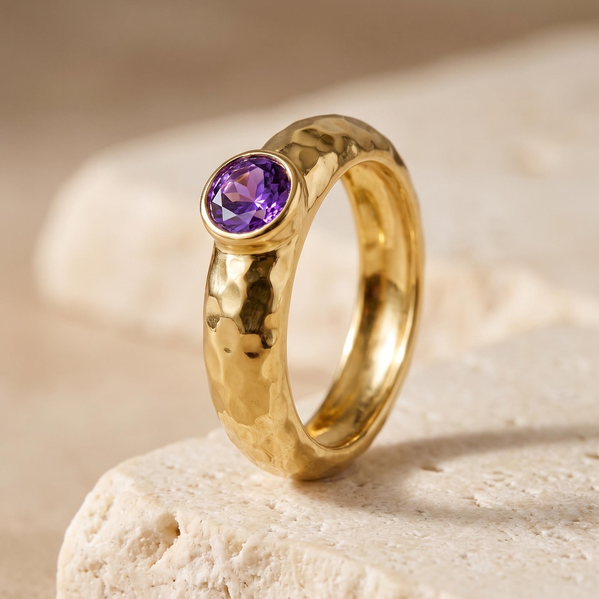 Purple Amethyst Ring – February Birthstone - Round Amethyst Gemstone Bezel Set Statement Hammered Bold Gold Band