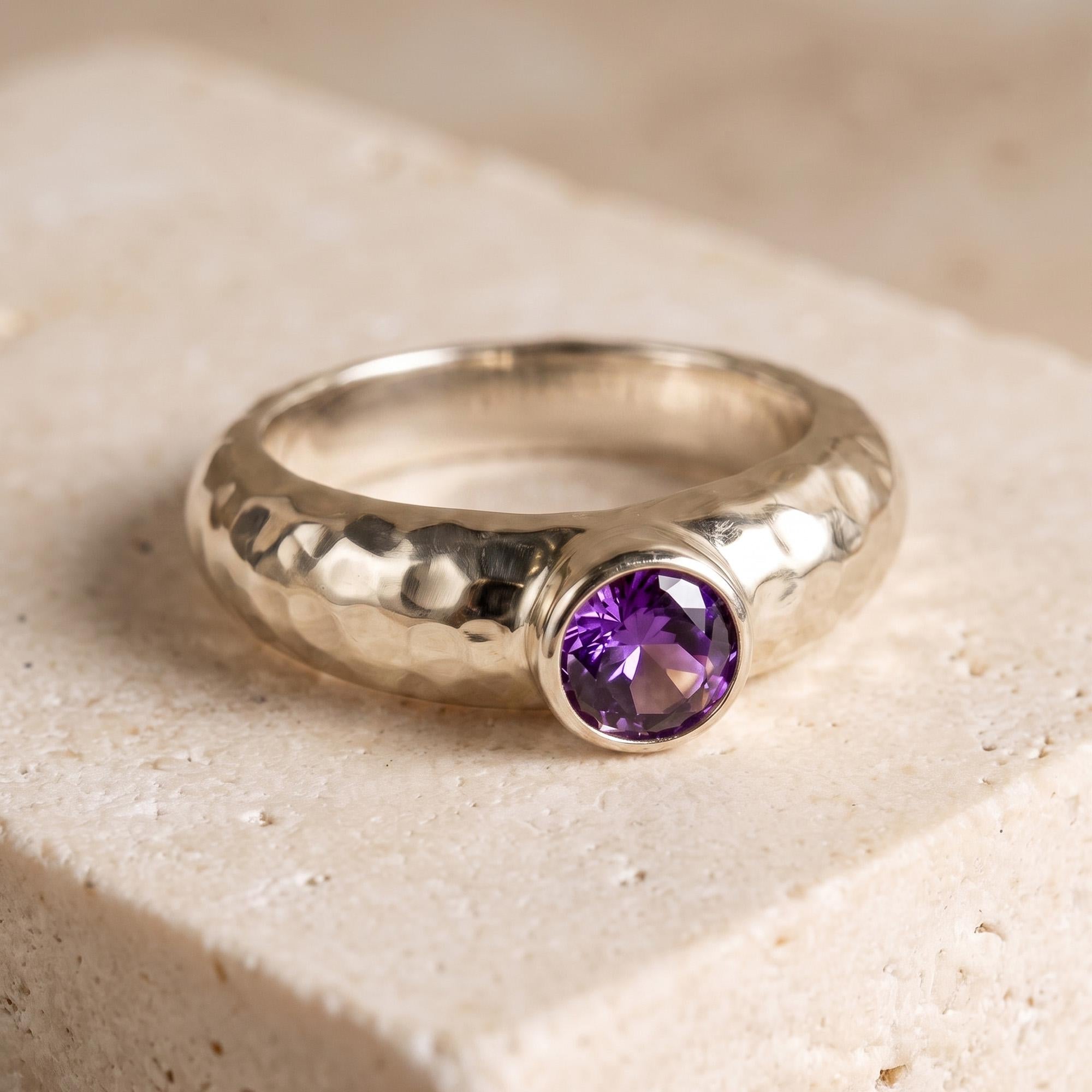 Purple Amethyst Ring – February Birthstone - Round Amethyst Gemstone Bezel Set Statement Hammered Bold Gold Band