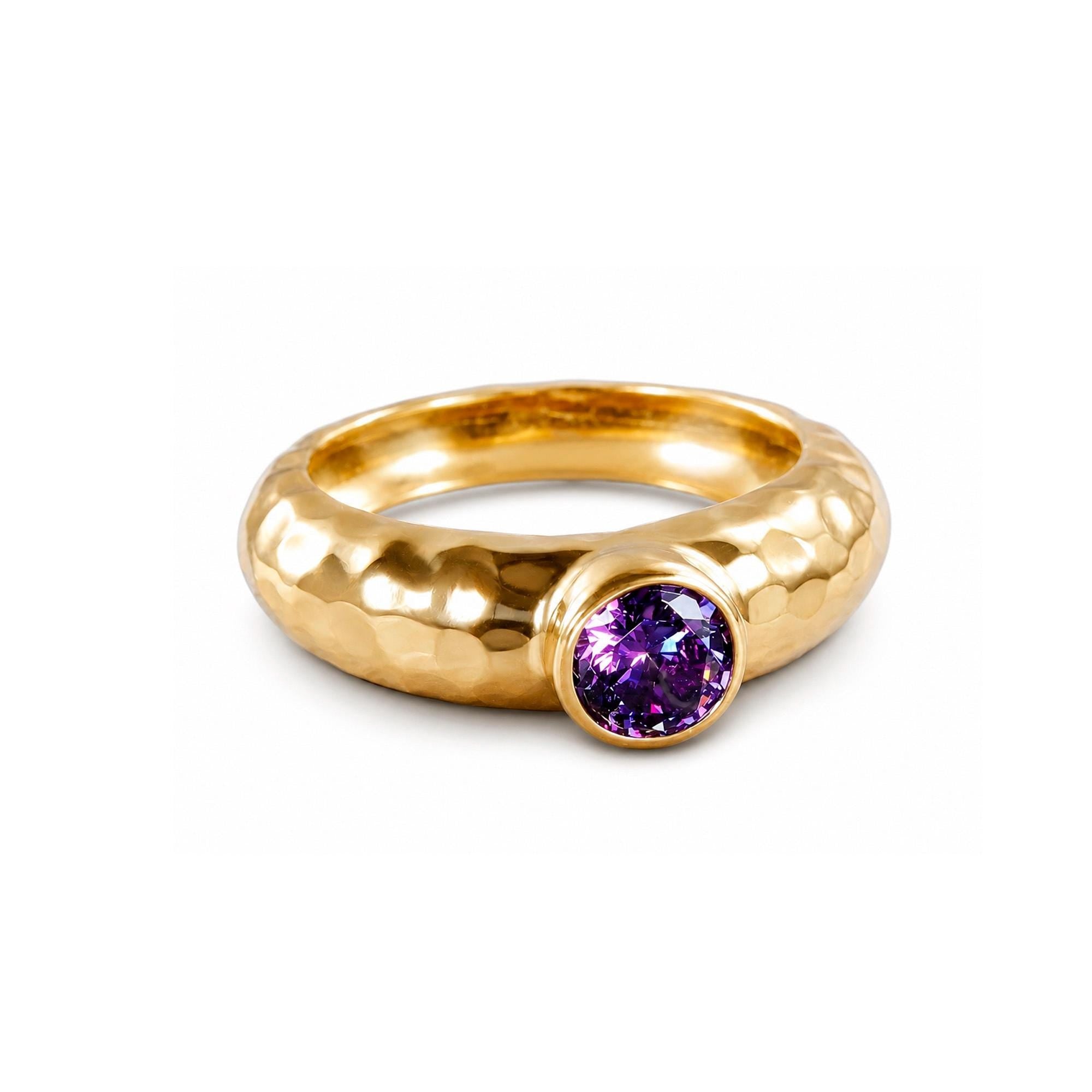 Purple Amethyst Ring – February Birthstone - Round Amethyst Gemstone Bezel Set Statement Hammered Bold Gold Band