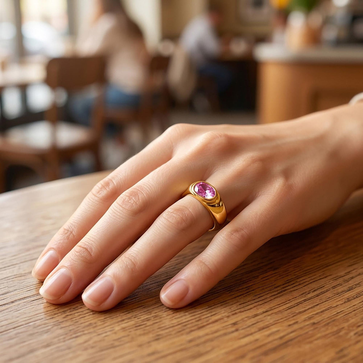 Rose Quartz Ring – October Birthstone - East-West Oval Gemstone Bezel Set Statement Bold Gold Band