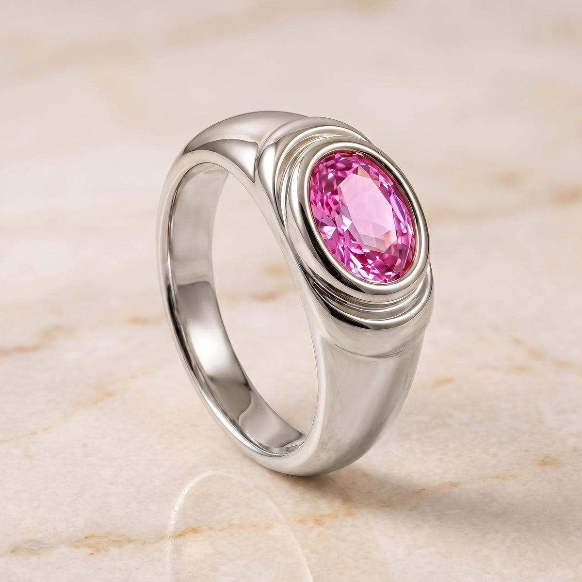 Rose Quartz Ring – October Birthstone - East-West Oval Gemstone Bezel Set Statement Bold Gold Band