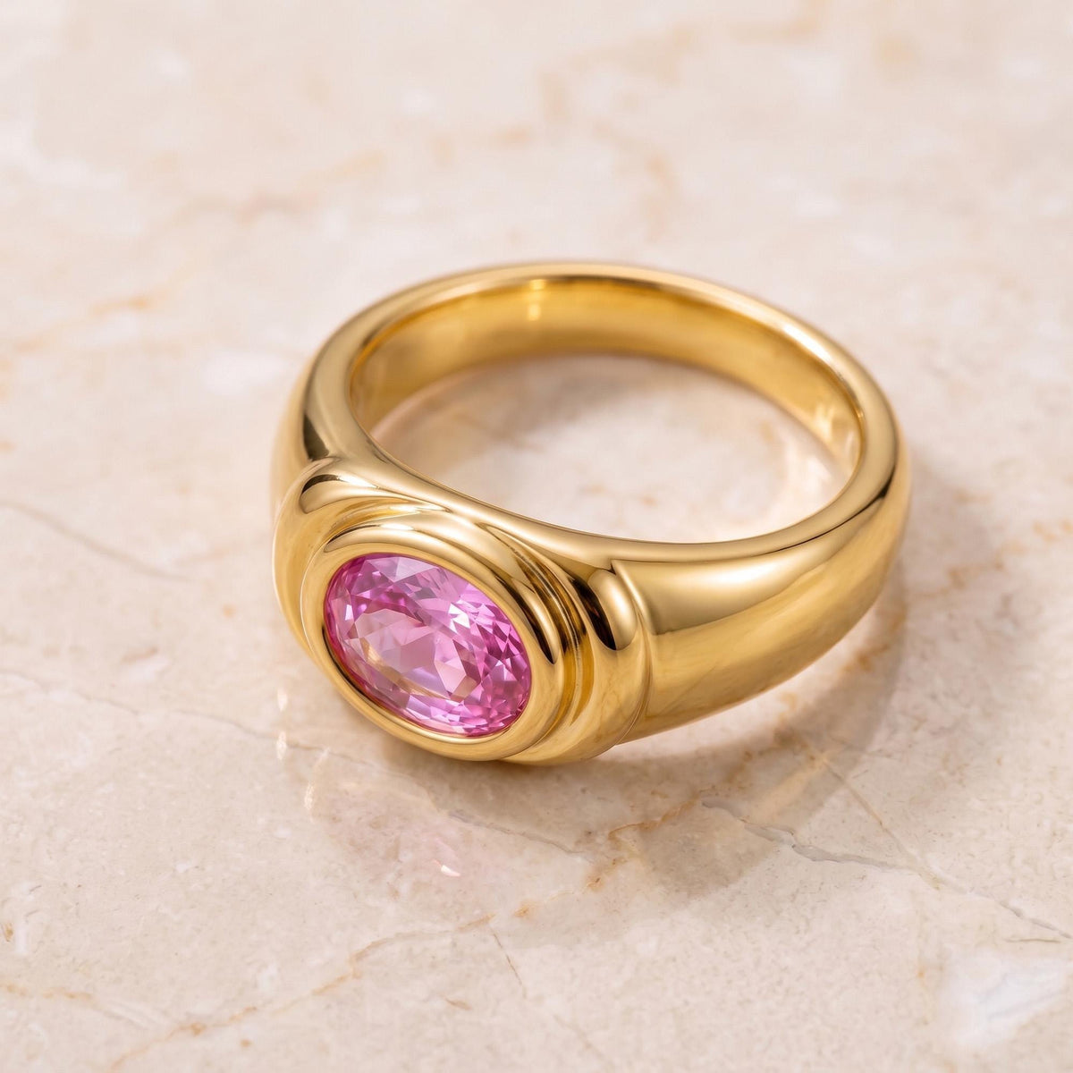 Rose Quartz Ring – October Birthstone - East-West Oval Gemstone Bezel Set Statement Bold Gold Band