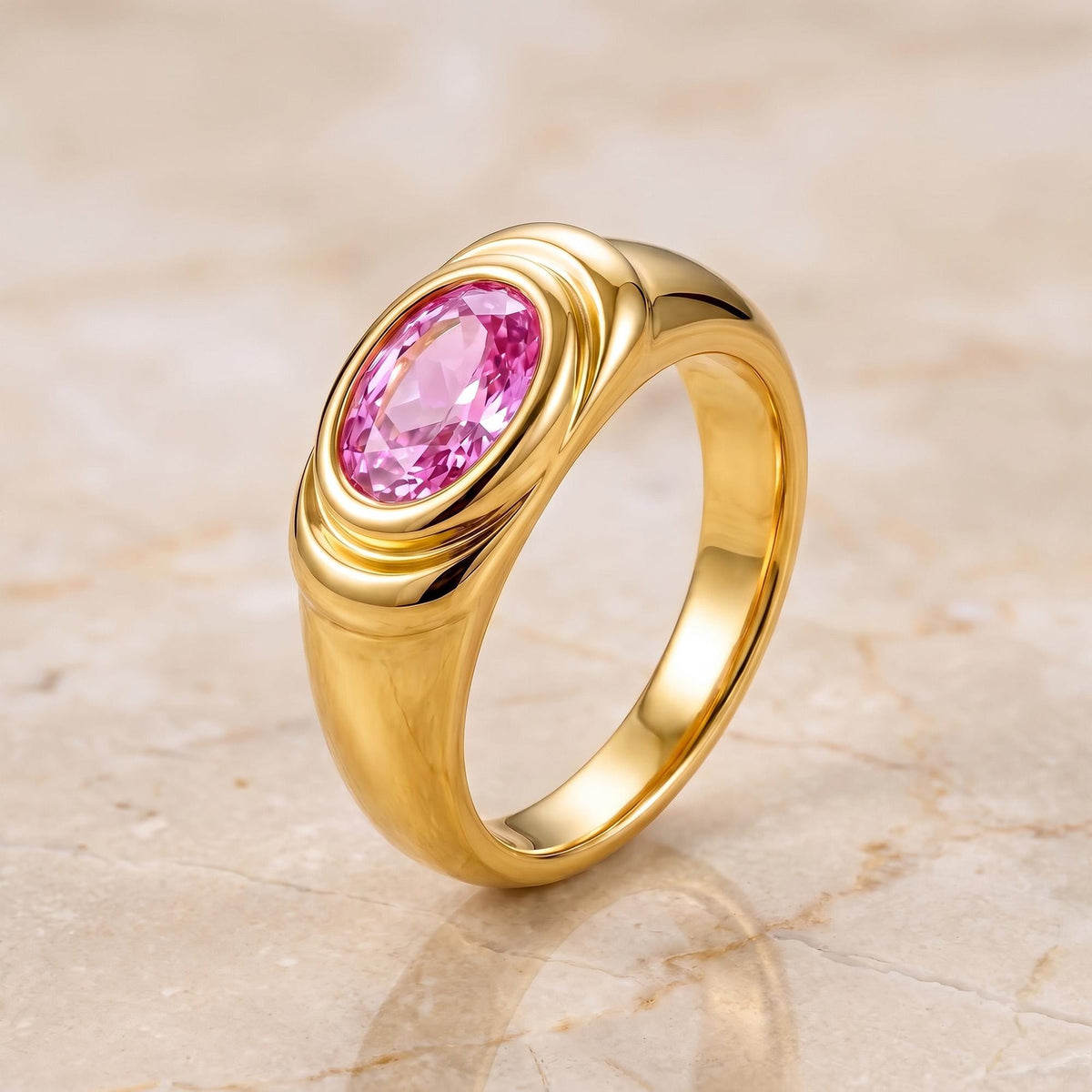Rose Quartz Ring – October Birthstone - East-West Oval Gemstone Bezel Set Statement Bold Gold Band
