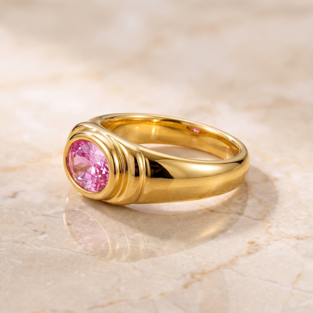 Rose Quartz Ring – October Birthstone - East-West Oval Gemstone Bezel Set Statement Bold Gold Band