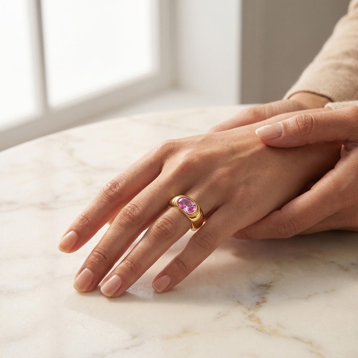 Rose Quartz Ring – October Birthstone - East-West Oval Gemstone Bezel Set Statement Bold Gold Band