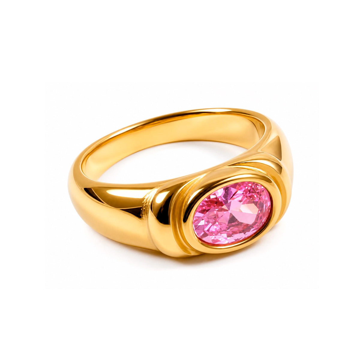 Rose Quartz Ring – October Birthstone - East-West Oval Gemstone Bezel Set Statement Bold Gold Band