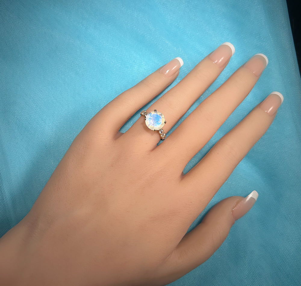 Round Rainbow Moonstone Engagement Ring with Clear Quartz Accents - H.L.Jewelry