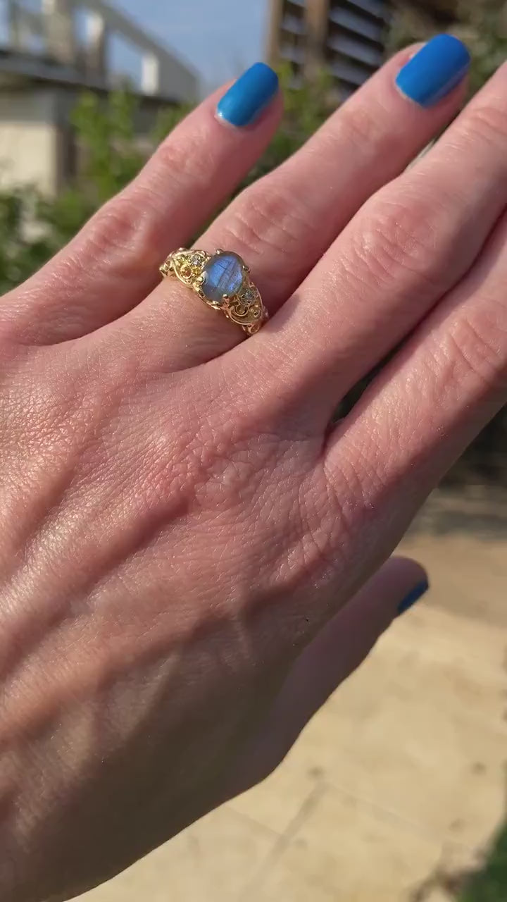 Labradorite Ring - Lace Ring with Oval Labradorite Gemtone and Clear Quartz Accents - H.L.Jewelry