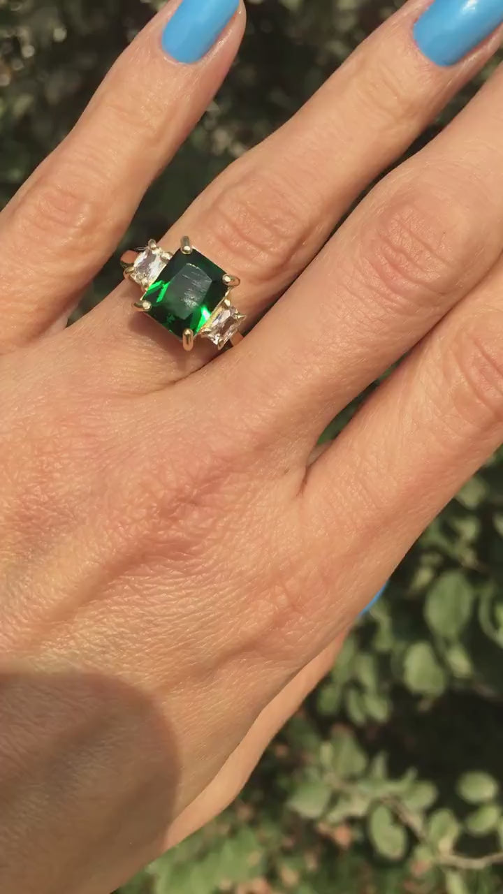 Emerald Ring - May Birthstone - Gold Ring - Gemstone Band - Statement Ring - Engagement Ring - Rectangle Ring - Cocktail Ring - Prong Ring