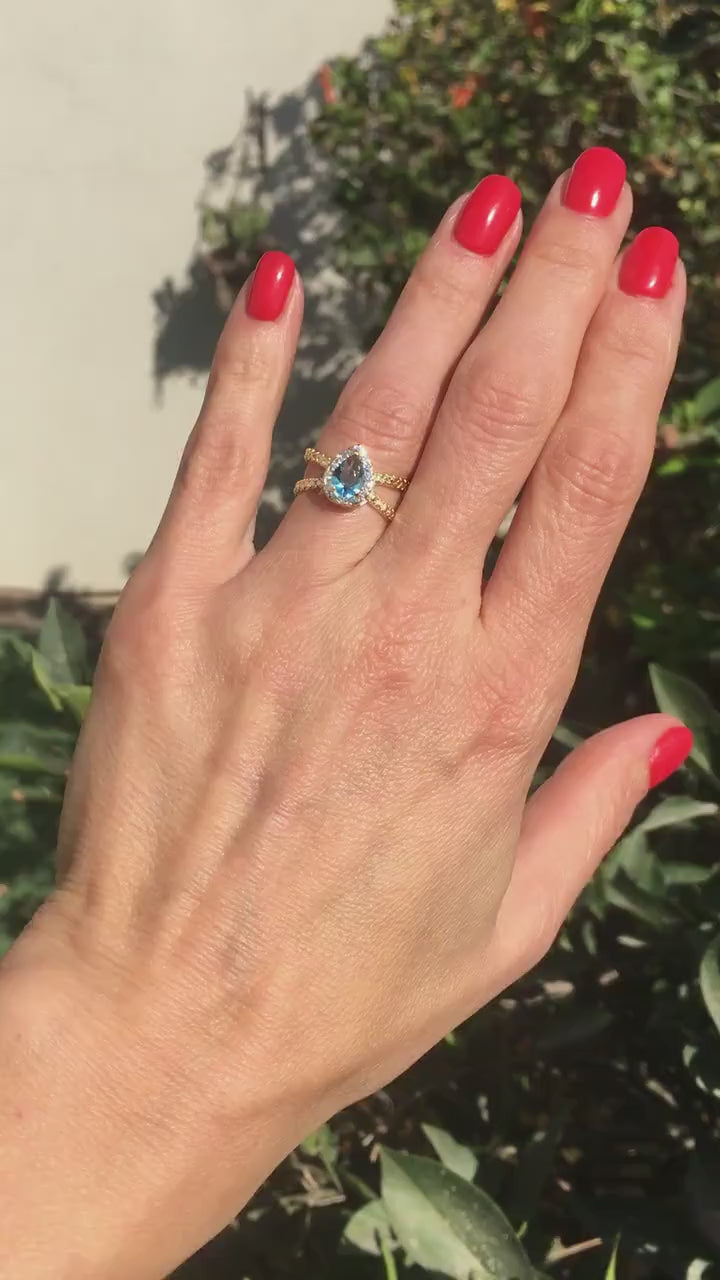 Blue Topaz Ring - December Birthstone - Gemstone Band - Gold Ring - Engagement Ring - Teardrop Ring - Cocktail Ring - Prong Ring