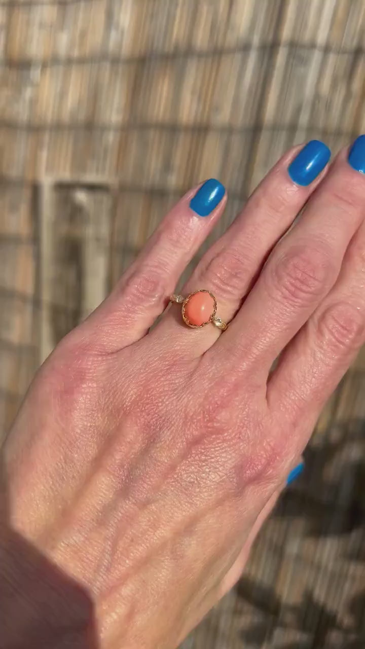 Coral Ring - Oval Peach Coral Gemstone Statement Vintage Crown Ring with Clear Quartz Accents - H.L.Jewelry