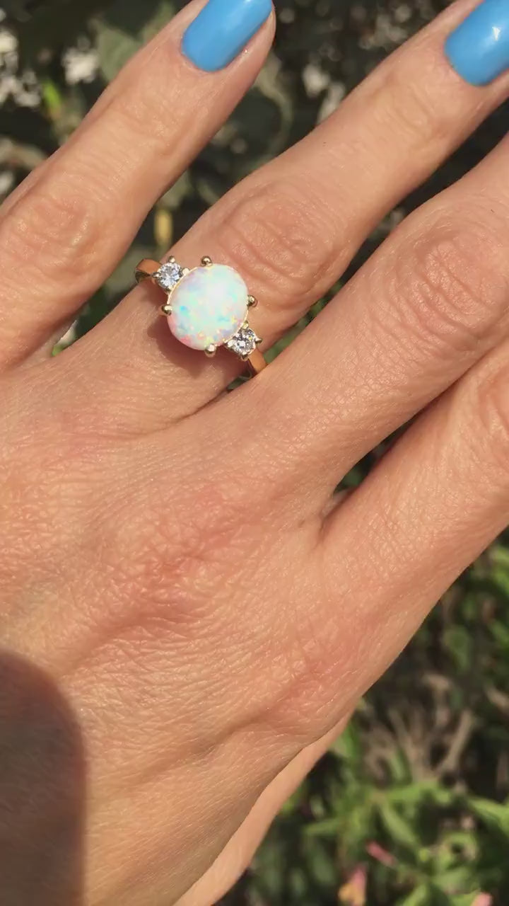 White Opal Ring - Gold Ring - Engagement Ring - Prong Ring - Oval Ring - Cocktail Ring - Gemstone Ring - Opal Jewelry - Statement Ring