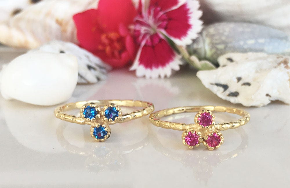 Any Birthstone Simple Delicate Triple Ring - H.L.Jewelry