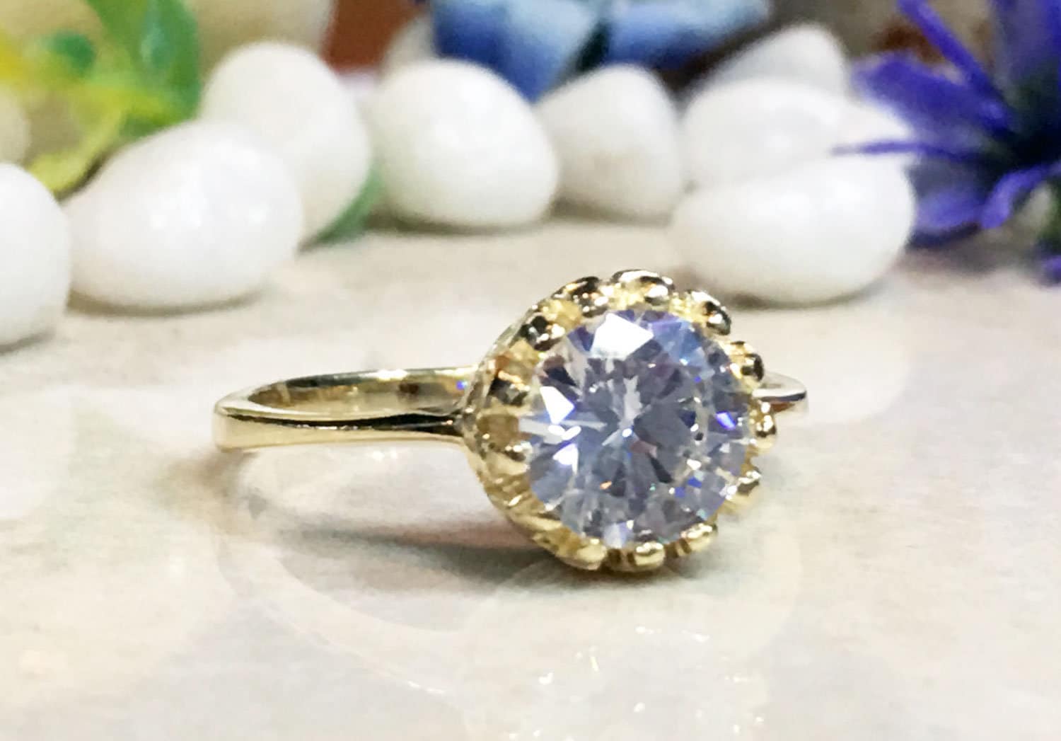 April Birthstone Clear Quartz Gemstone Round Crown Ring - H.L.Jewelry