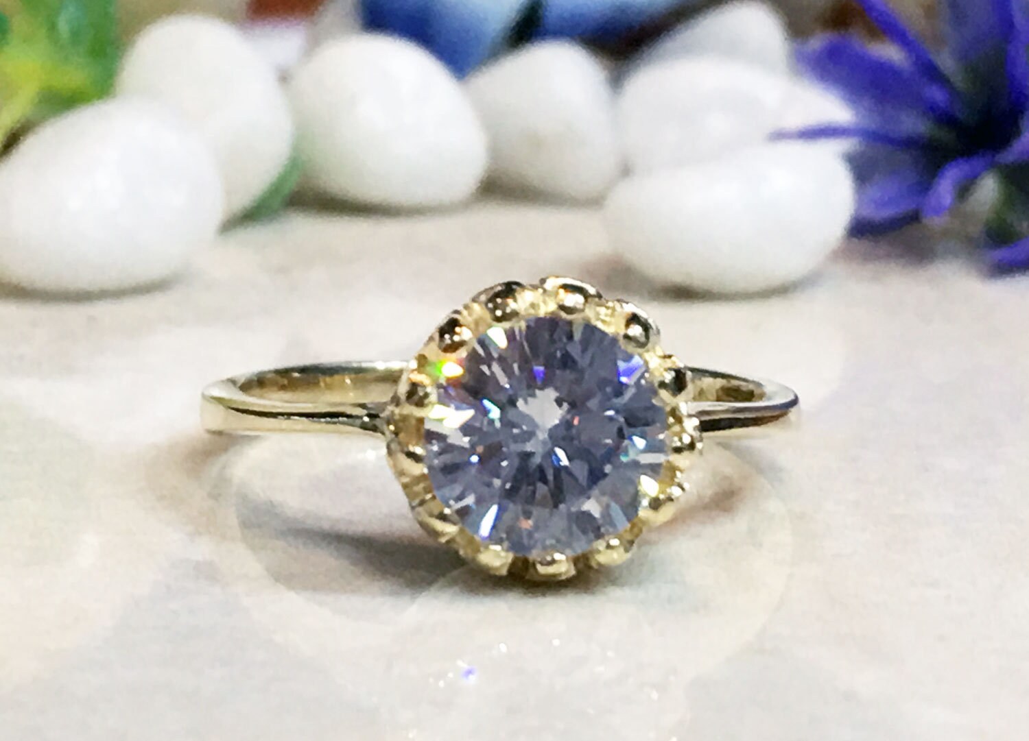 April Birthstone Clear Quartz Gemstone Round Crown Ring - H.L.Jewelry