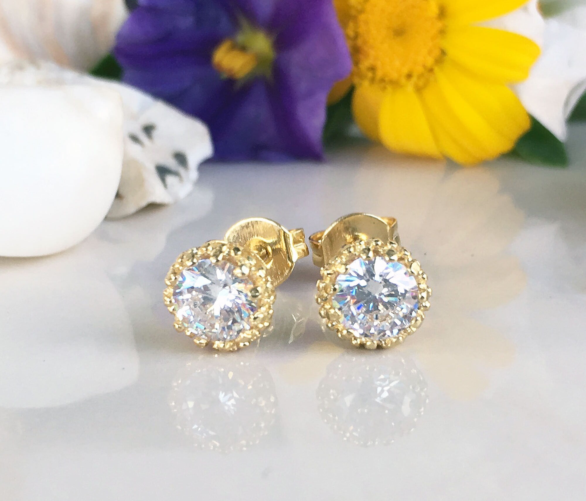 April Birthstone Clear Quartz Simple Round Stud Earrings - H.L.Jewelry
