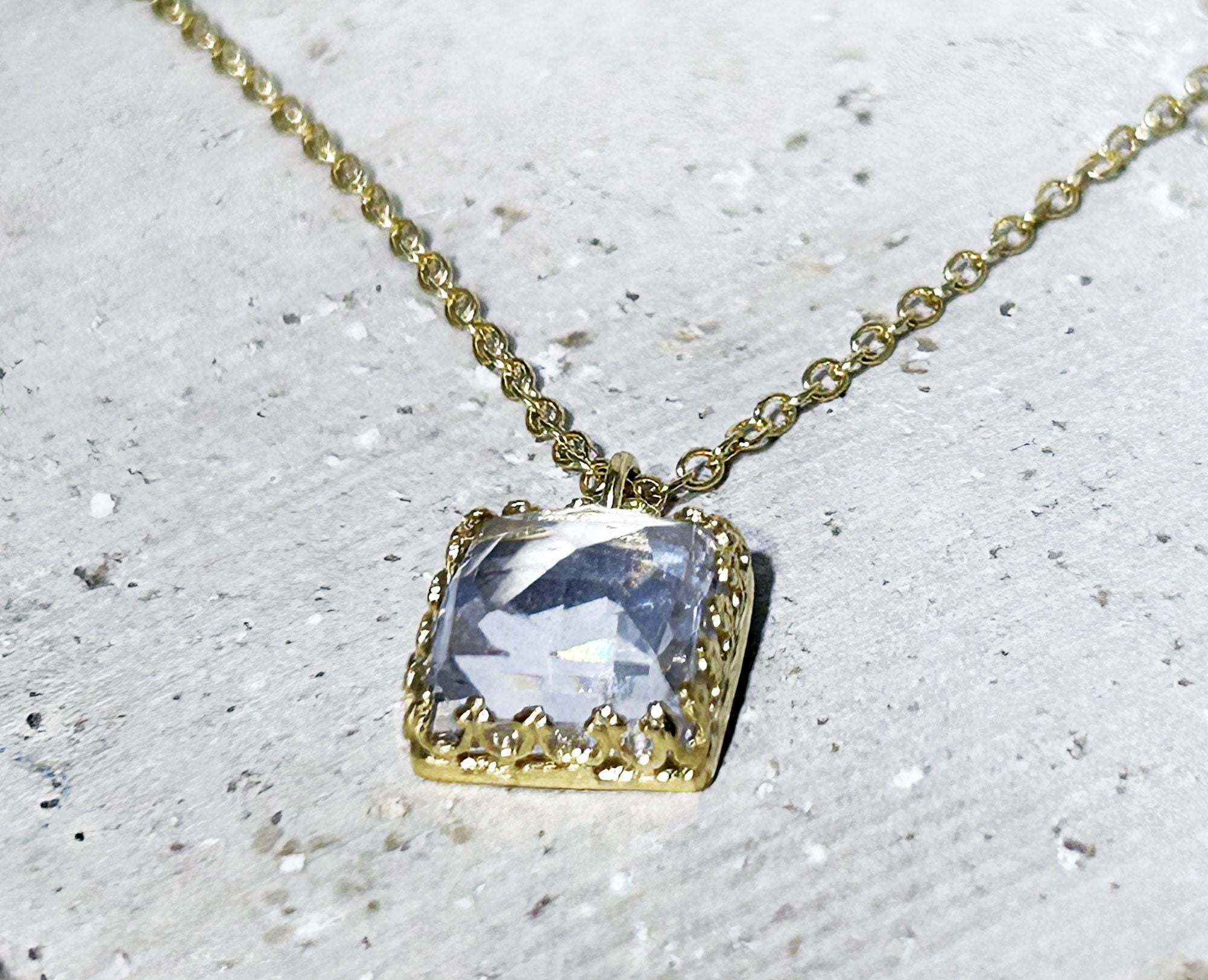 April Birthstone Clear Quartz Square Crown Delicate Chain Necklace - H.L.Jewelry