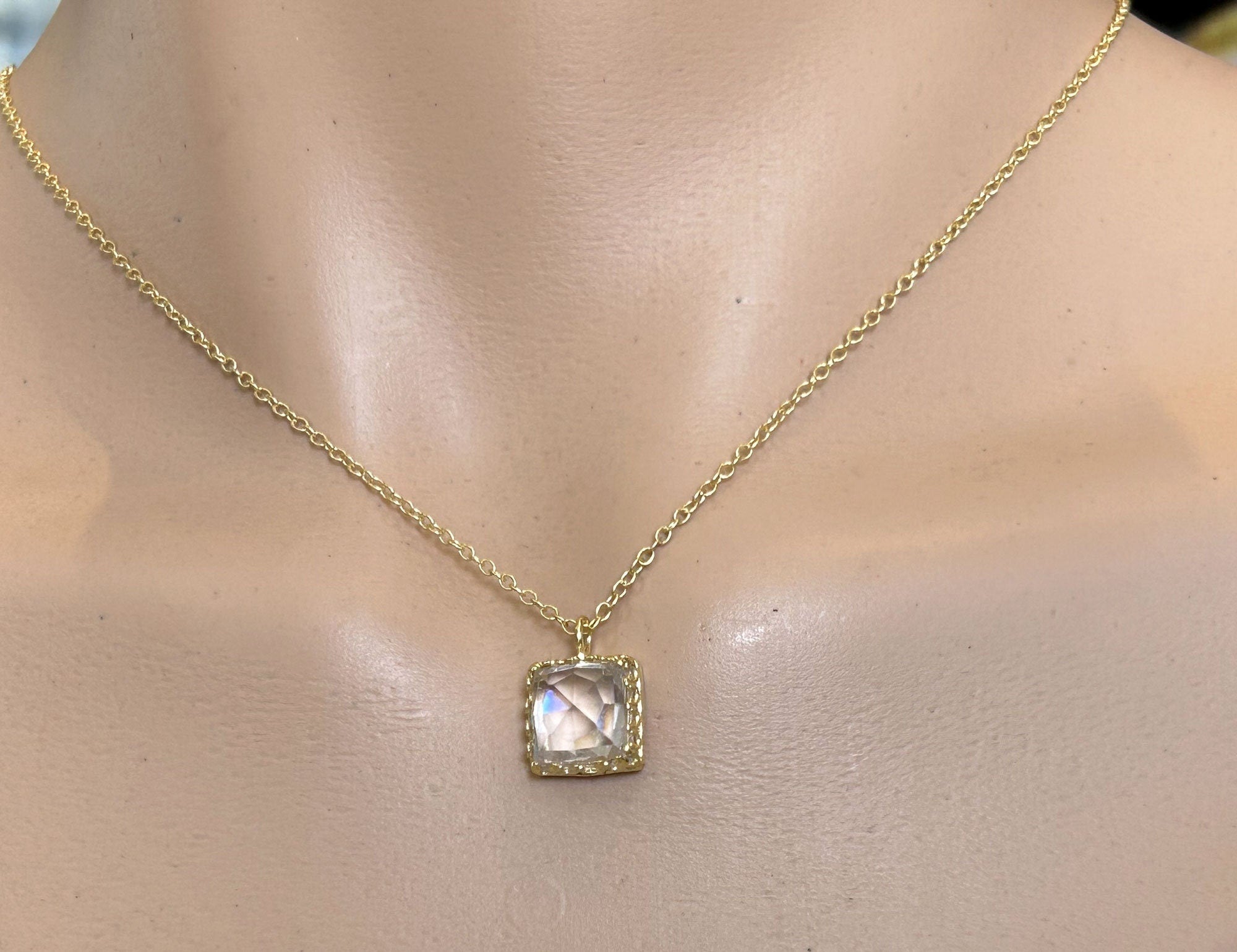 April Birthstone Clear Quartz Square Crown Delicate Chain Necklace - H.L.Jewelry