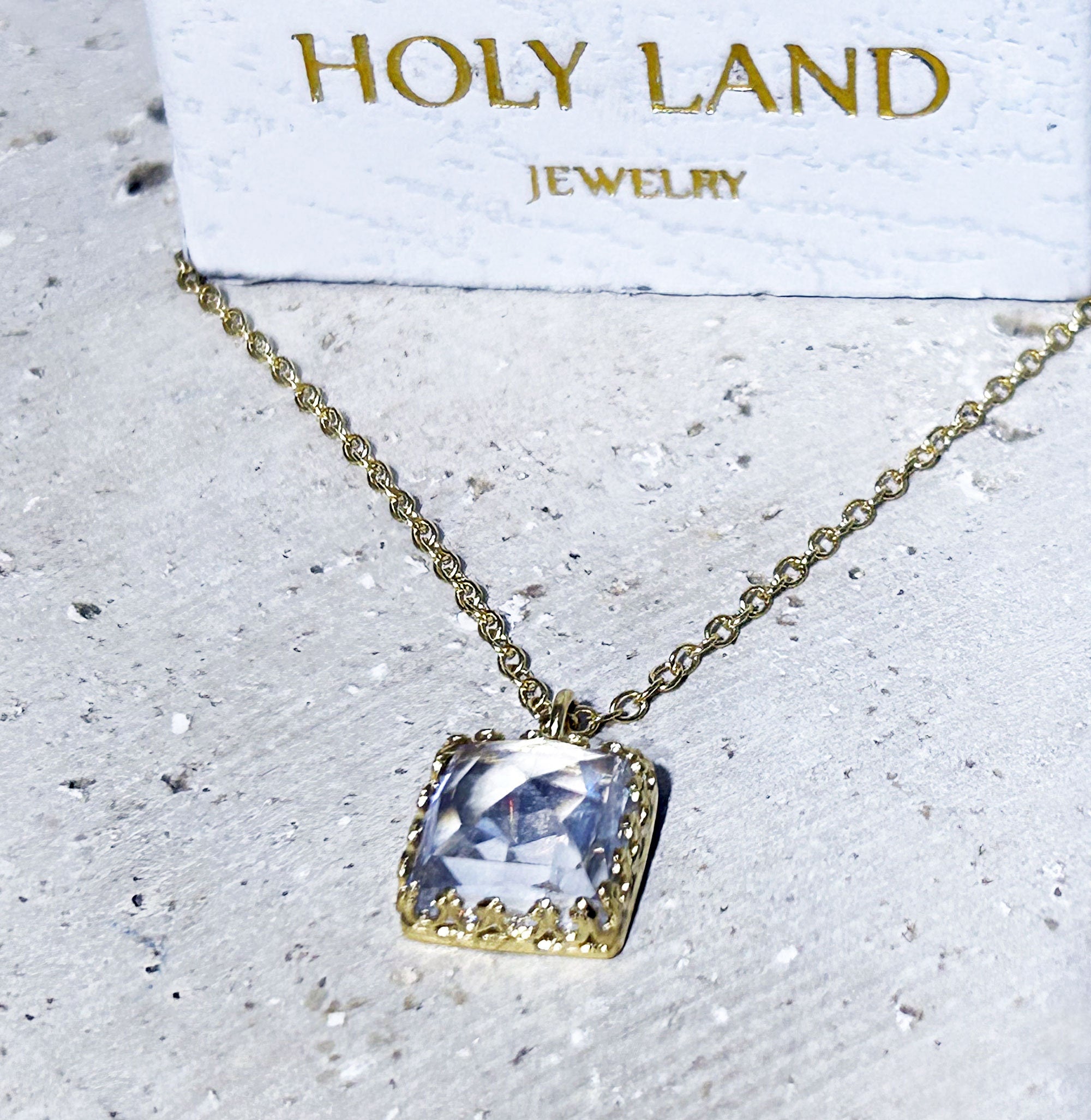 April Birthstone Clear Quartz Square Crown Delicate Chain Necklace - H.L.Jewelry