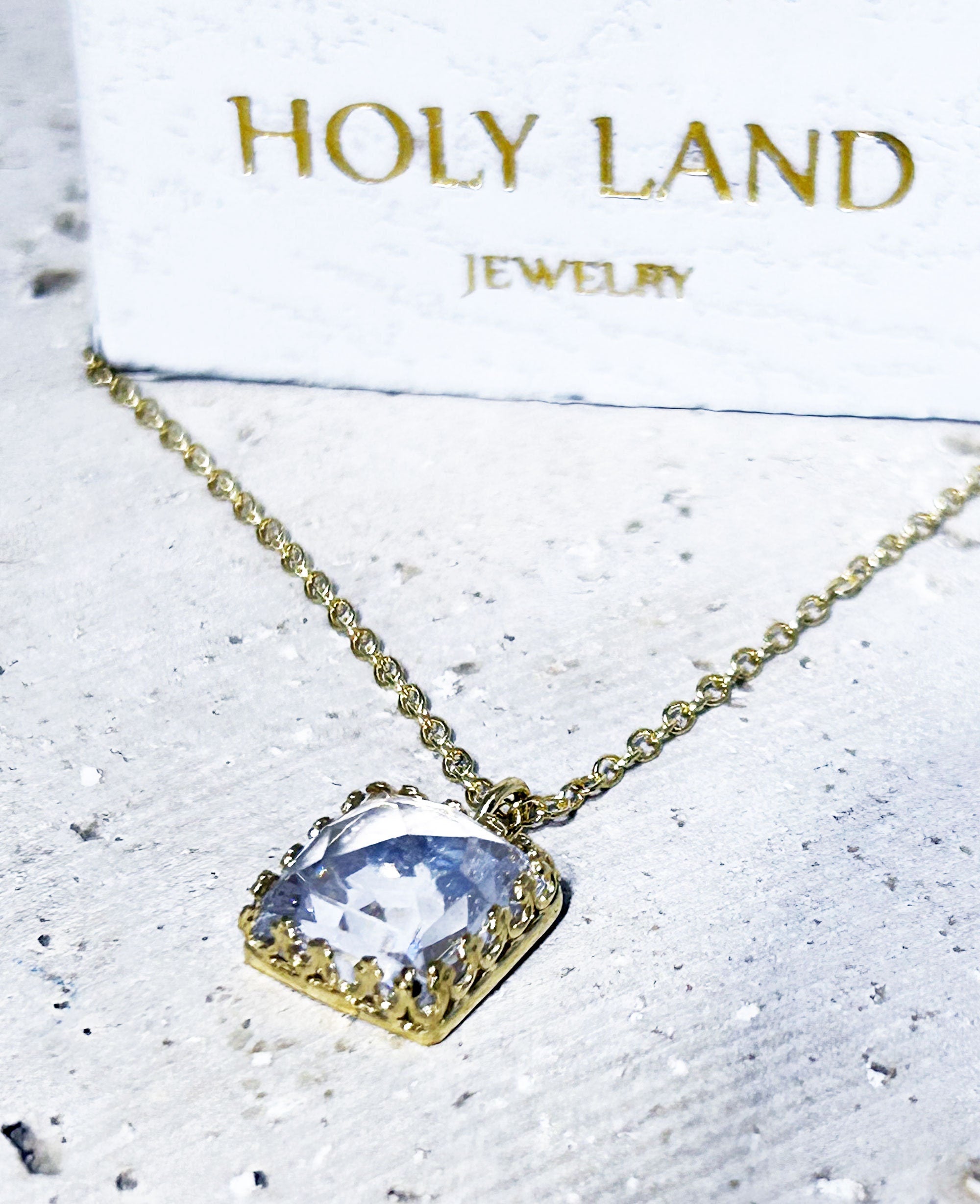 April Birthstone Clear Quartz Square Crown Delicate Chain Necklace - H.L.Jewelry