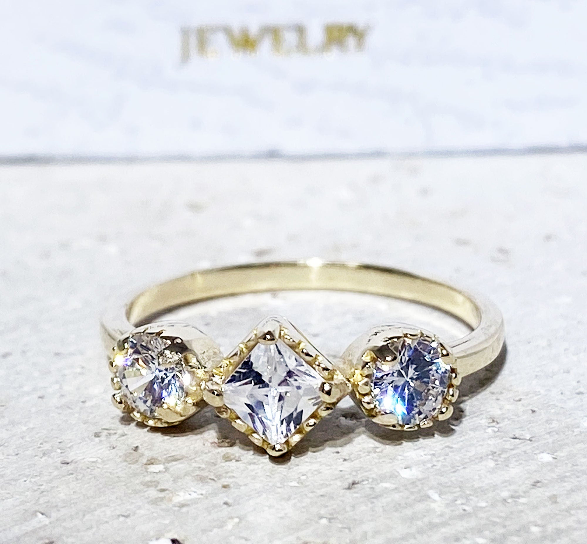 April Birthstone Clear Quartz Three Stone Modern Ring - H.L.Jewelry