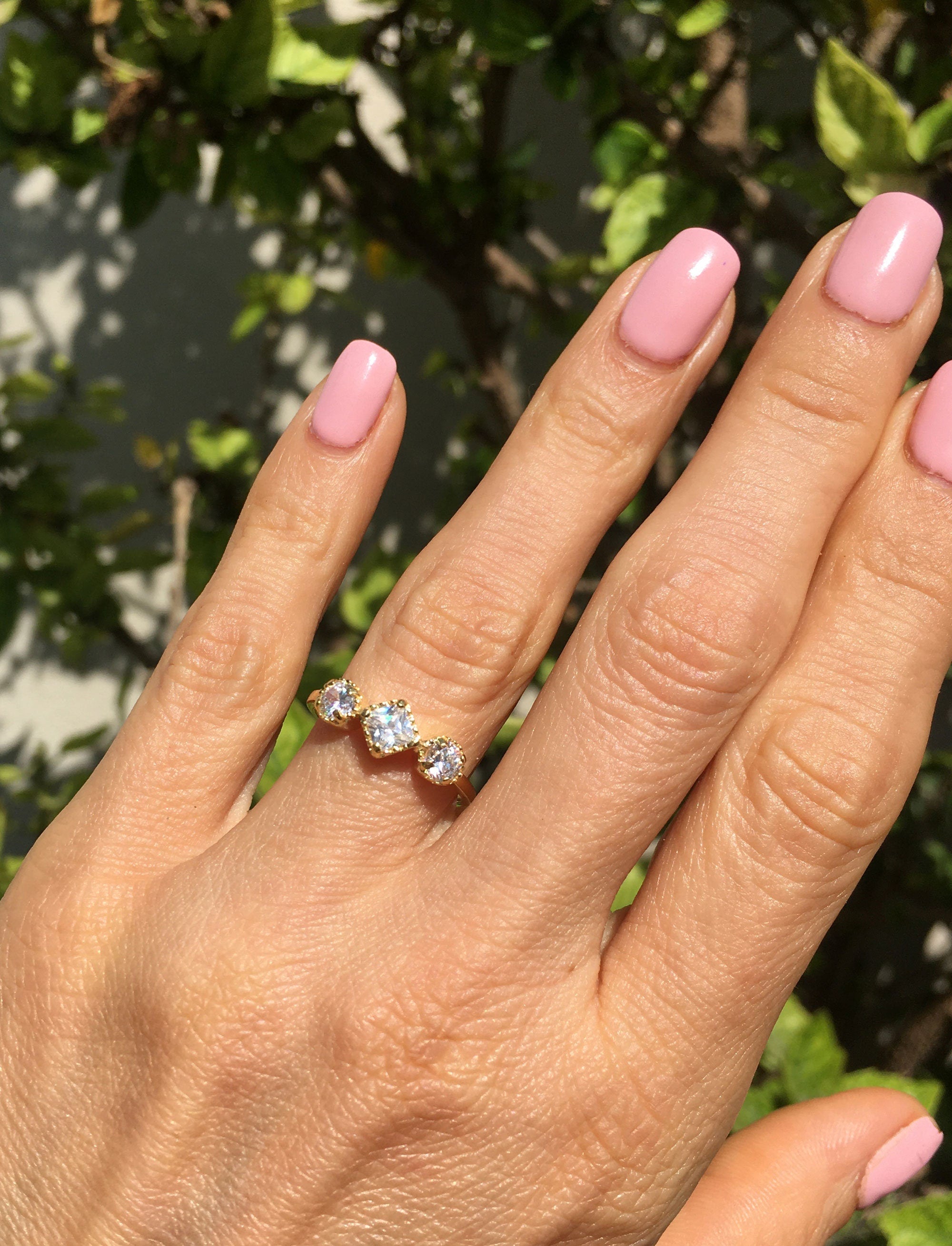 April Birthstone Clear Quartz Three Stone Modern Ring - H.L.Jewelry