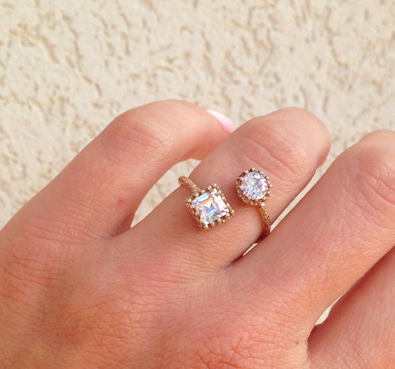 April Birthstone Clear Quartz Two Stone Hammered Band Adjustable Ring - H.L.Jewelry