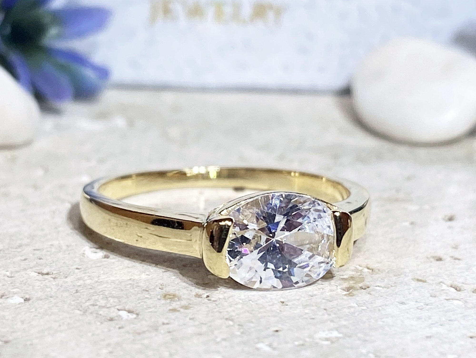 April Birthstone East-West Oval Clear Quartz Simple Stacking Ring - H.L.Jewelry