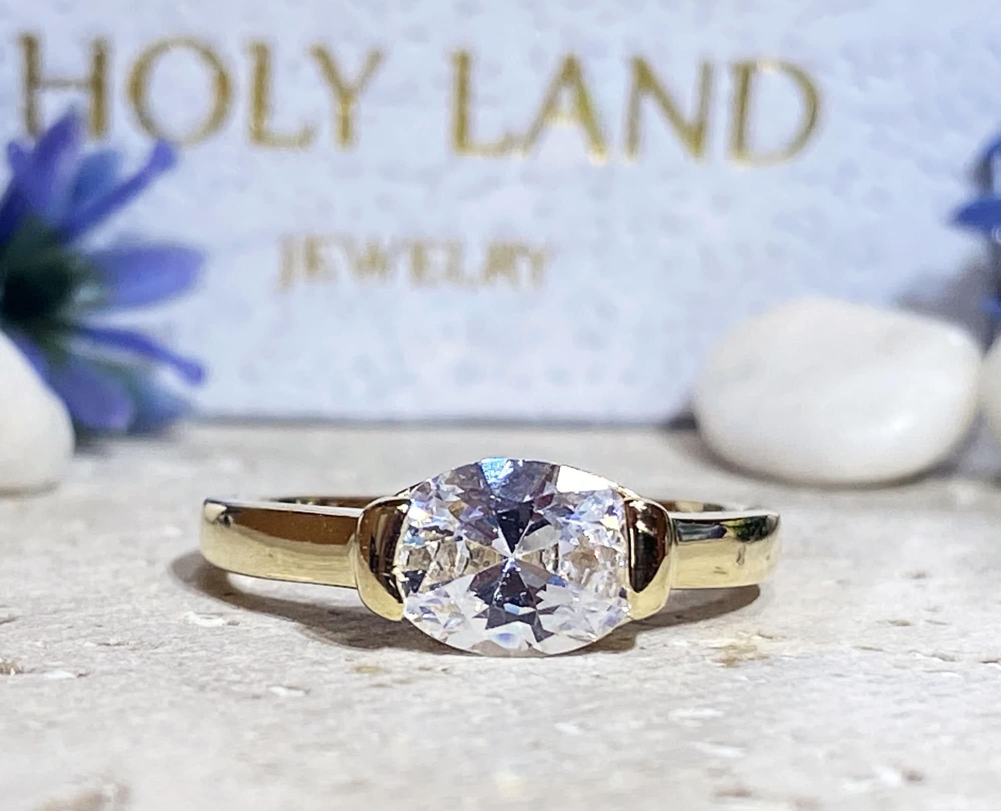 April Birthstone East-West Oval Clear Quartz Simple Stacking Ring - H.L.Jewelry
