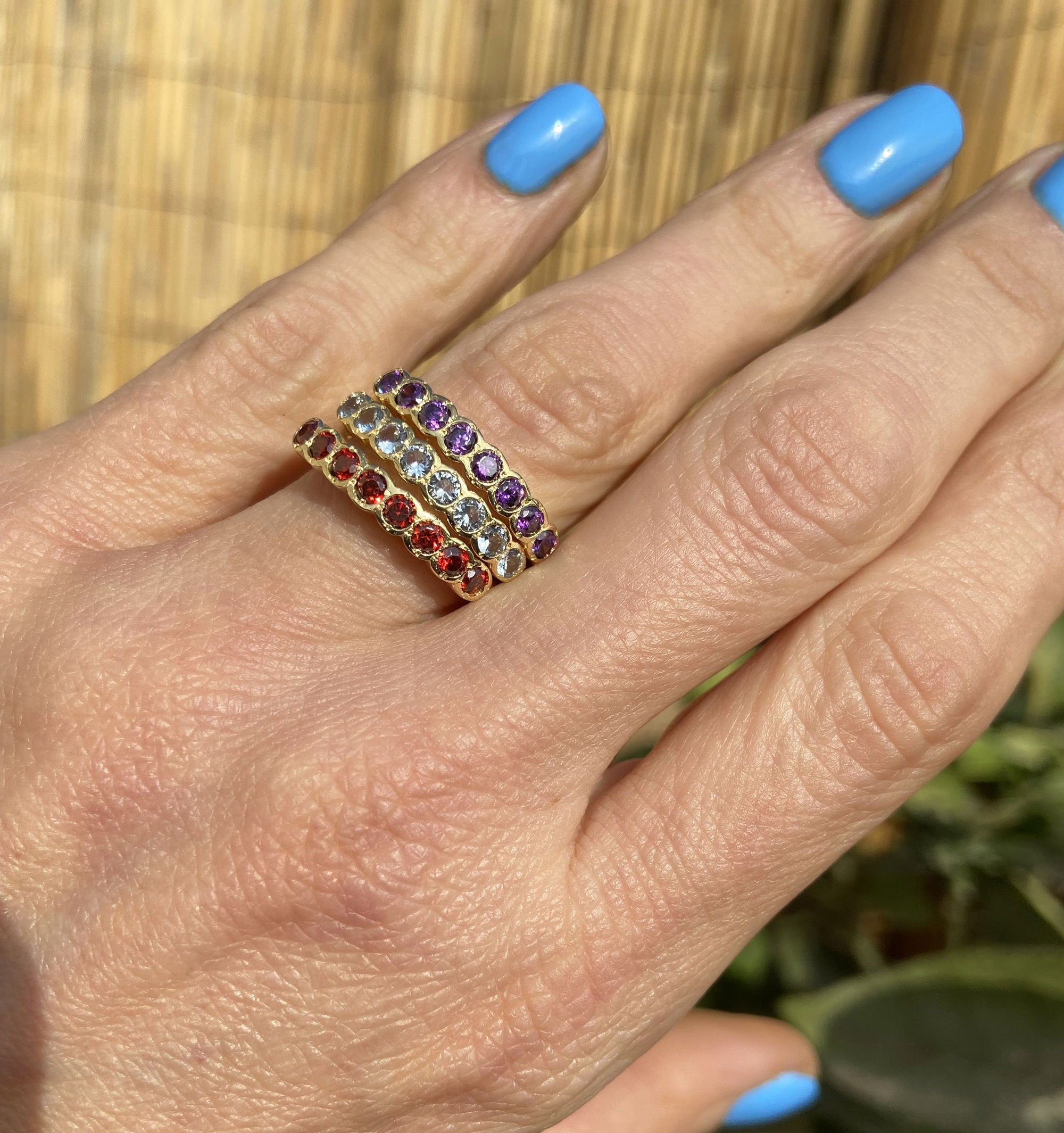April Birthstone Round Clear Quartz Eight Stone Stacking Half Eternity Ring - H.L.Jewelry