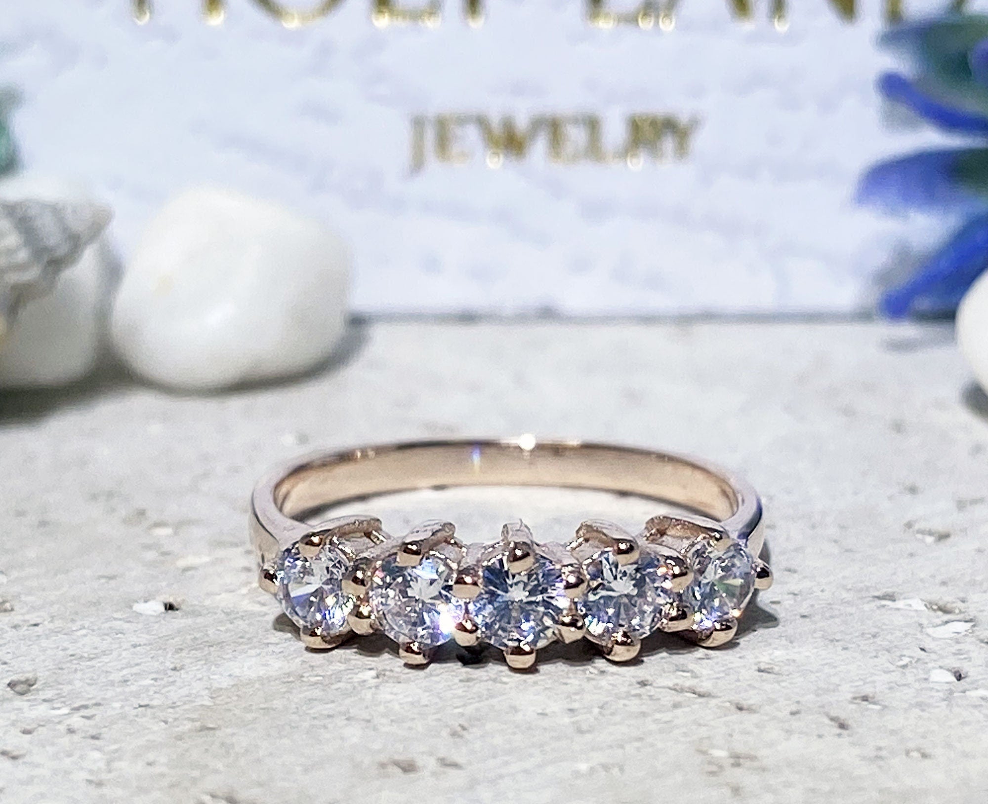 April Birthstone Round Clear Quartz Five Stone Stacking Ring - H.L.Jewelry